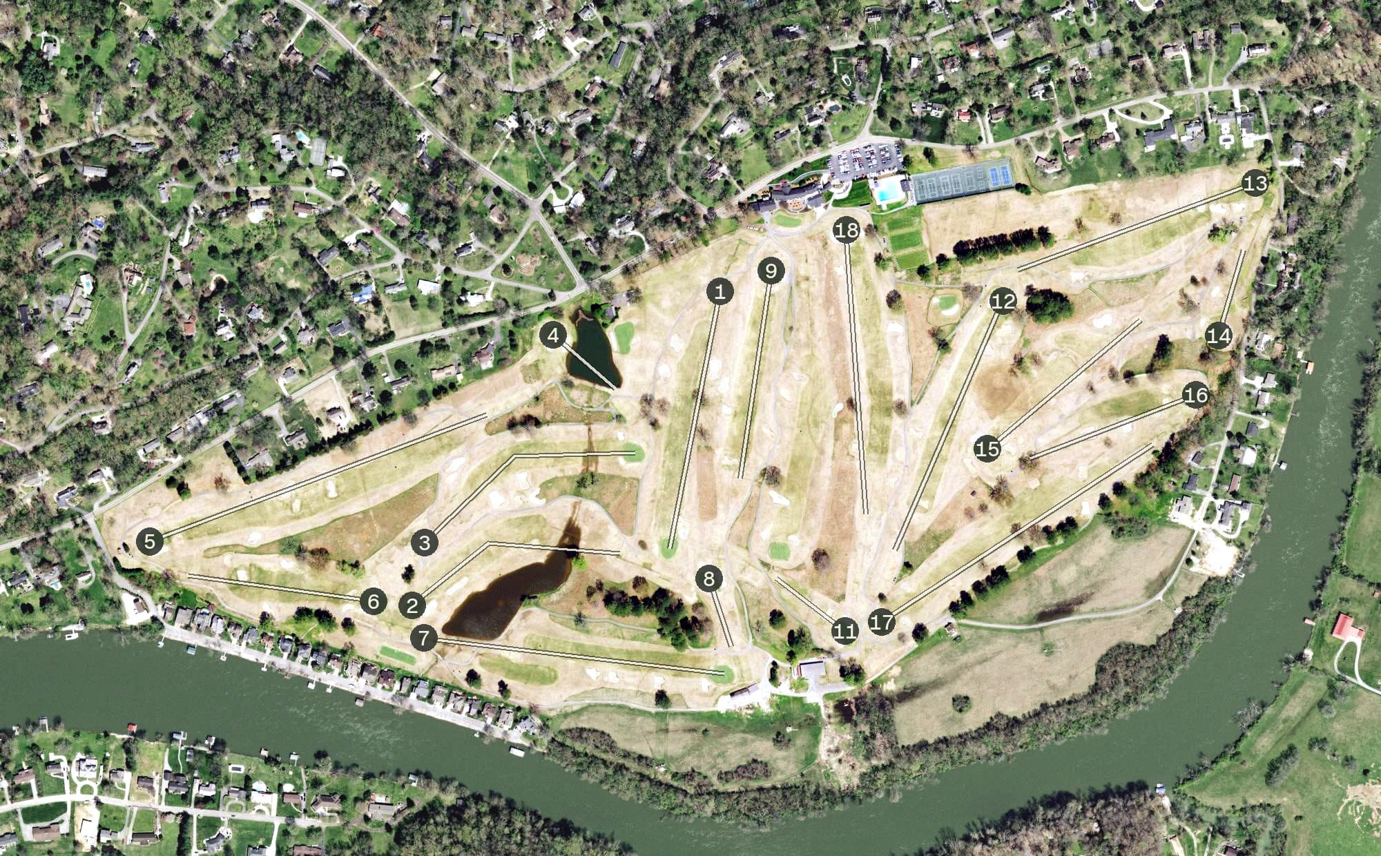Aerial view of Holston Hills Country Club, TN, with its hole routing marked