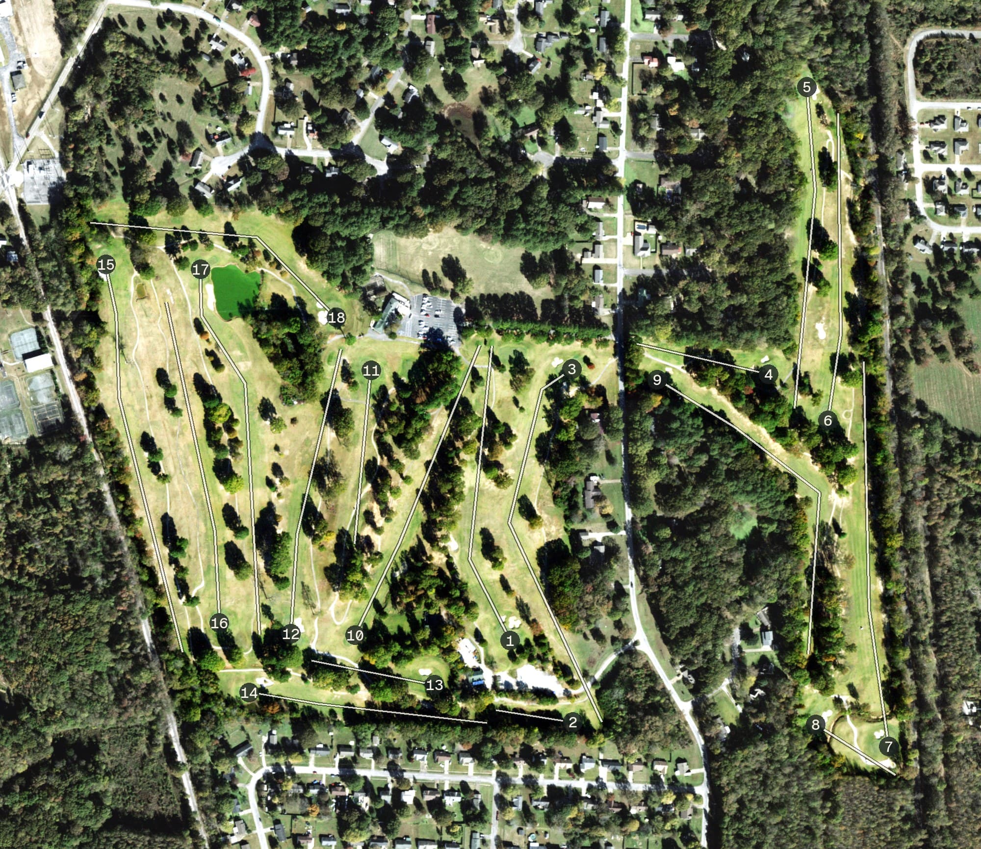 Aerial view of Jackson National Golf Club, TN, with its hole routing marked