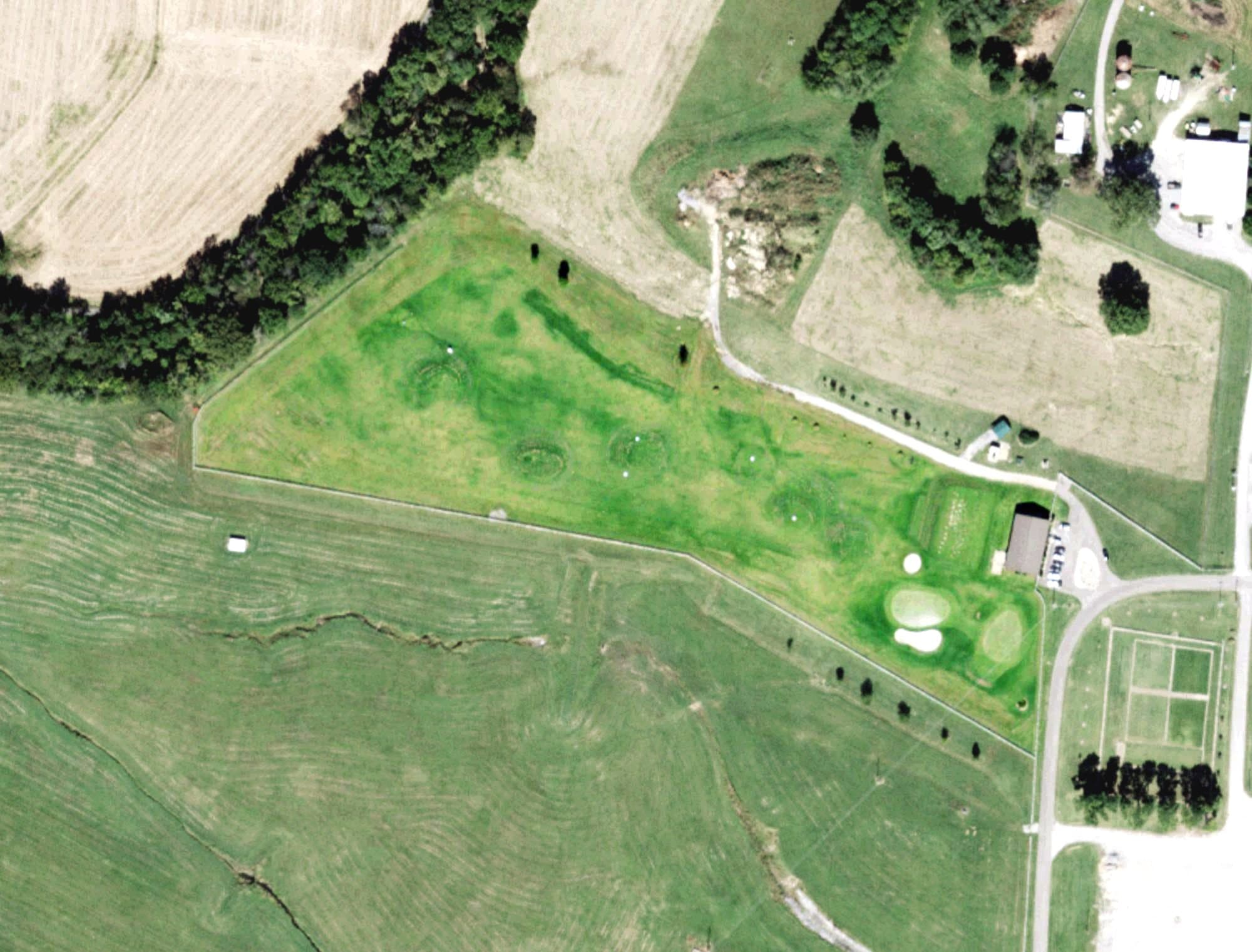 Aerial view of Jerry Carpenter Practice Grounds, TN, with its hole routing marked