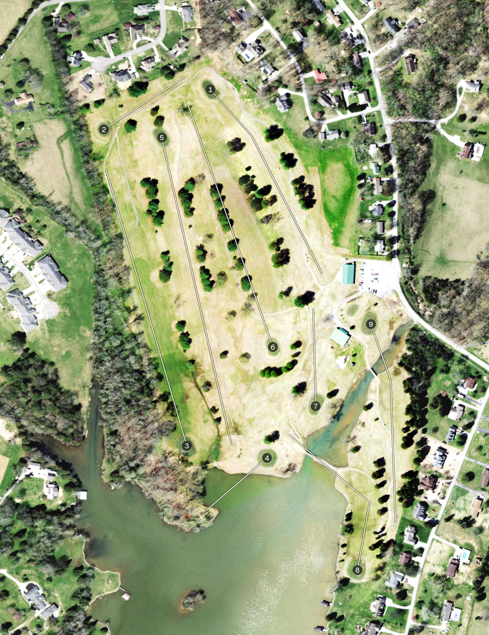 Aerial view of Lakeside Golf Course, TN, with its hole routing marked