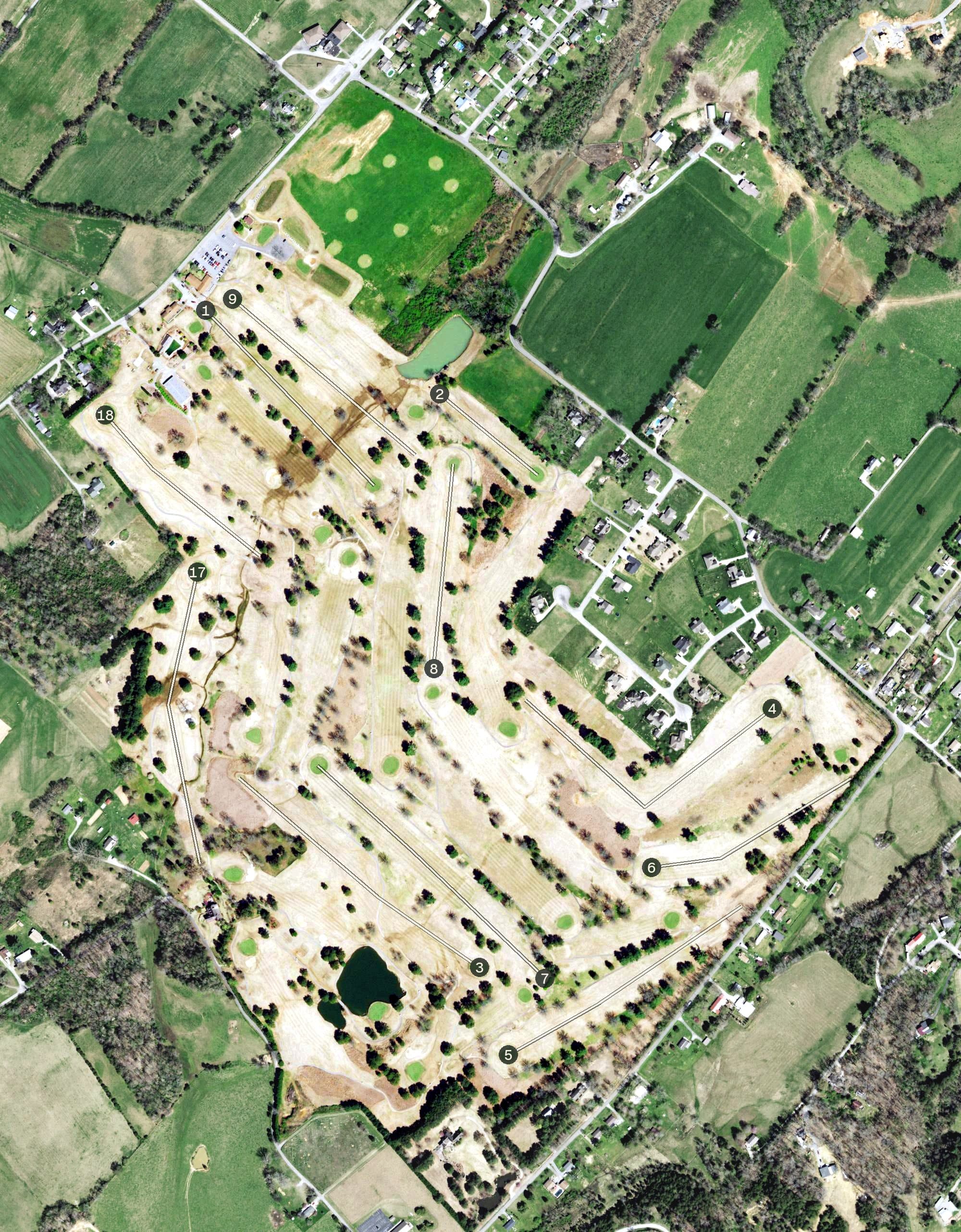 Aerial view of Lambert Acres Golf Club, TN, with its hole routing marked