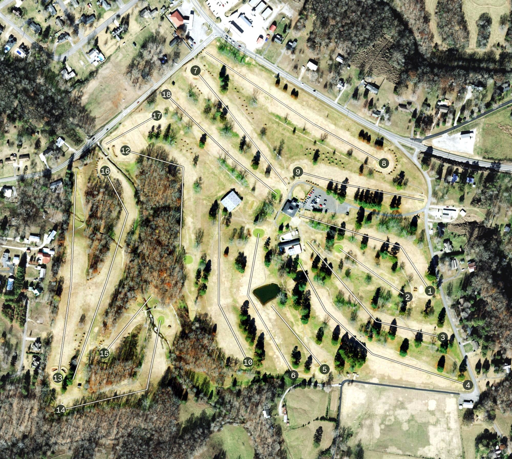 Aerial view of Lawrenceburg Golf and Country Club, TN, with its hole routing marked