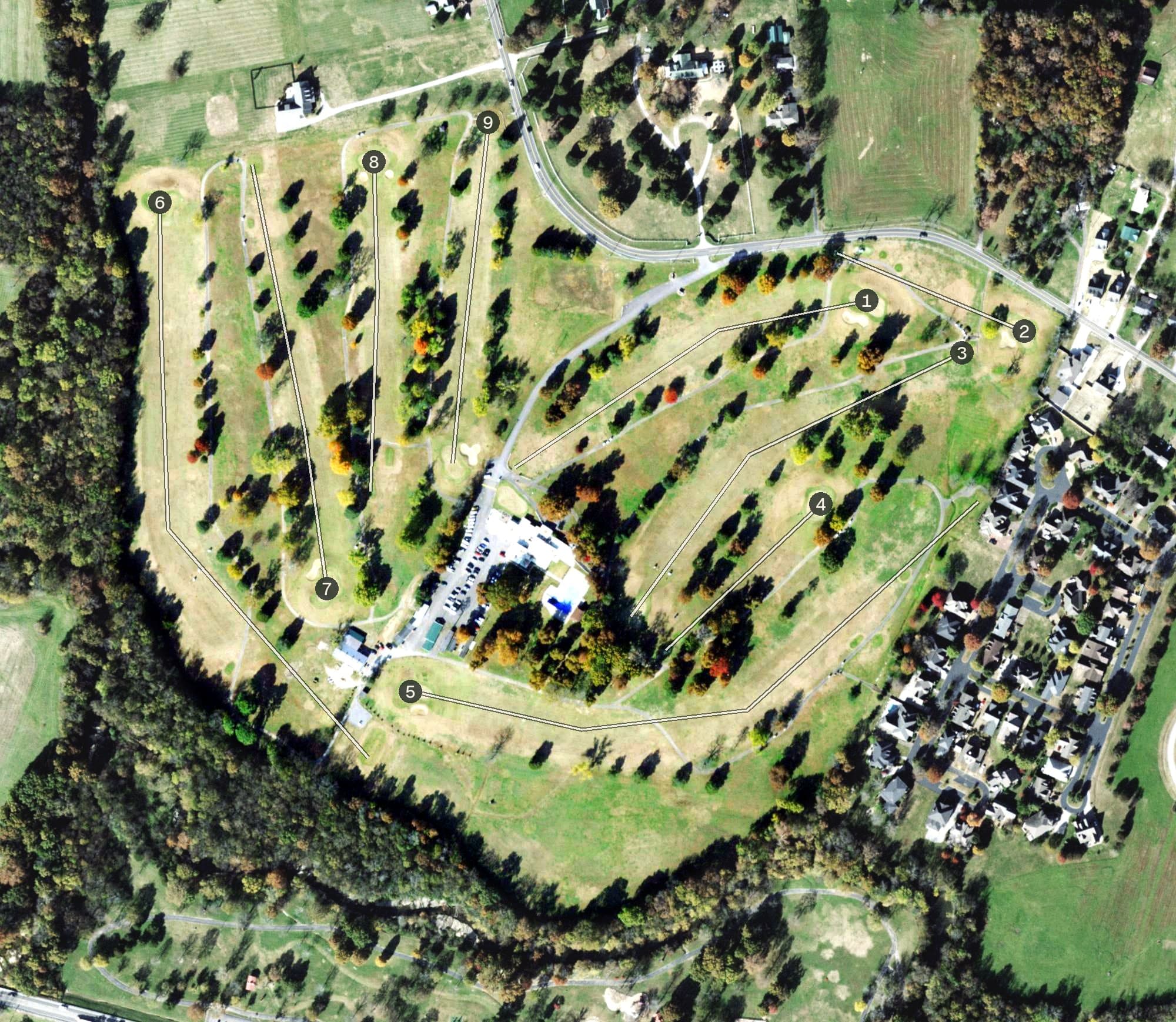 Aerial view of Lebanon Golf & Country Club, TN, with its hole routing marked
