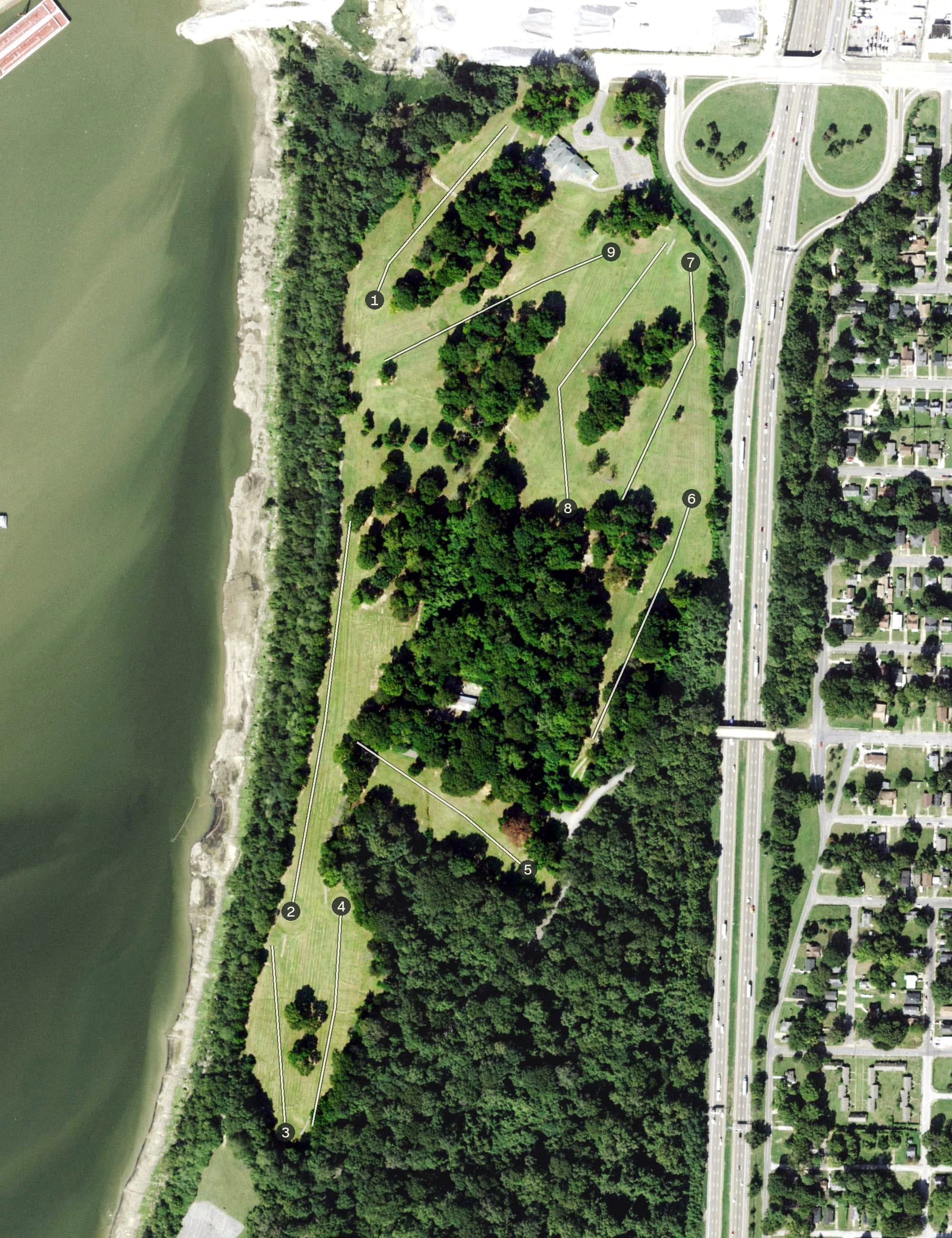 Aerial view of Links at Riverside Golf Course, TN, with its hole routing marked