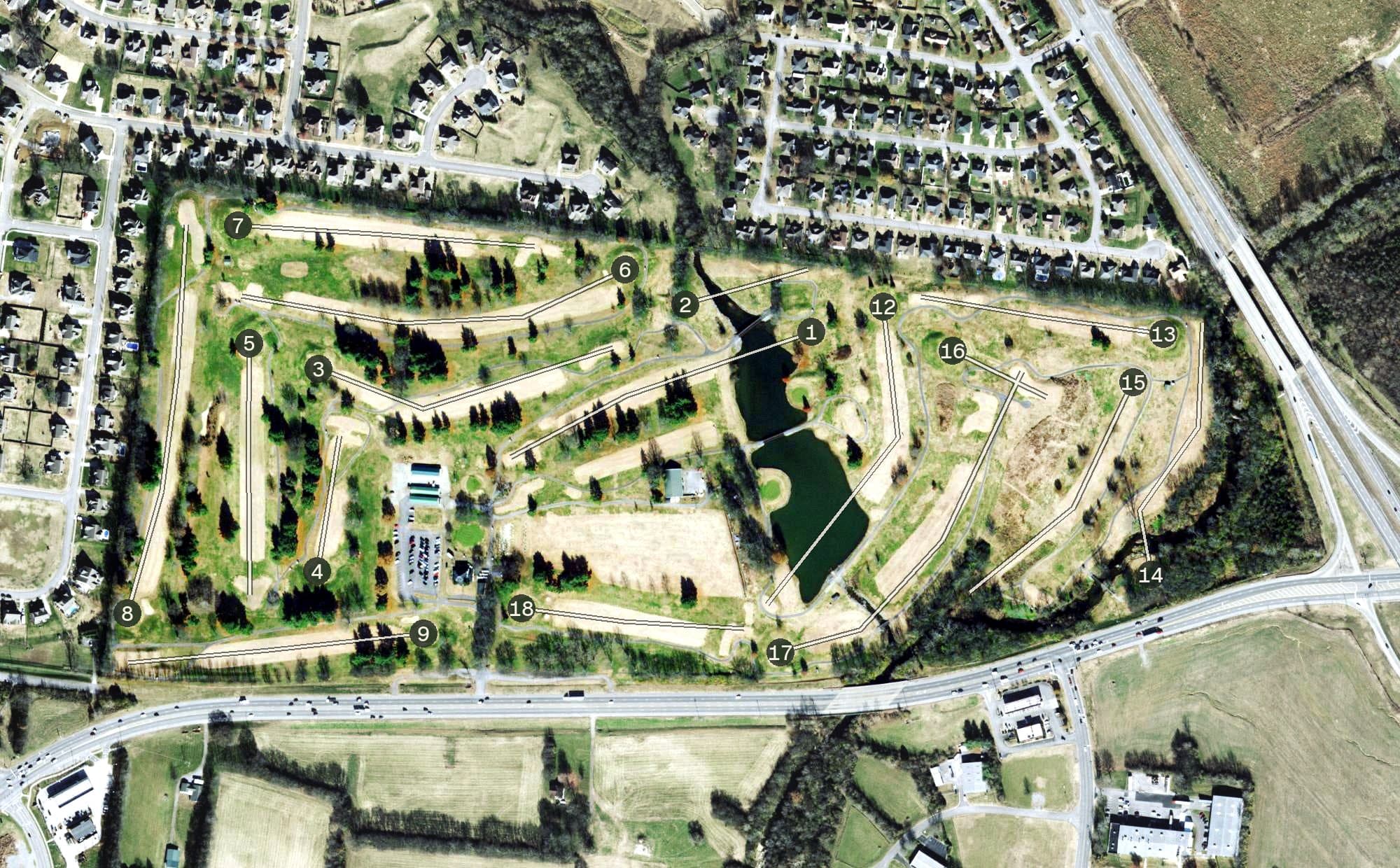 Aerial view of Long Hollow Golf Course, TN, with its hole routing marked