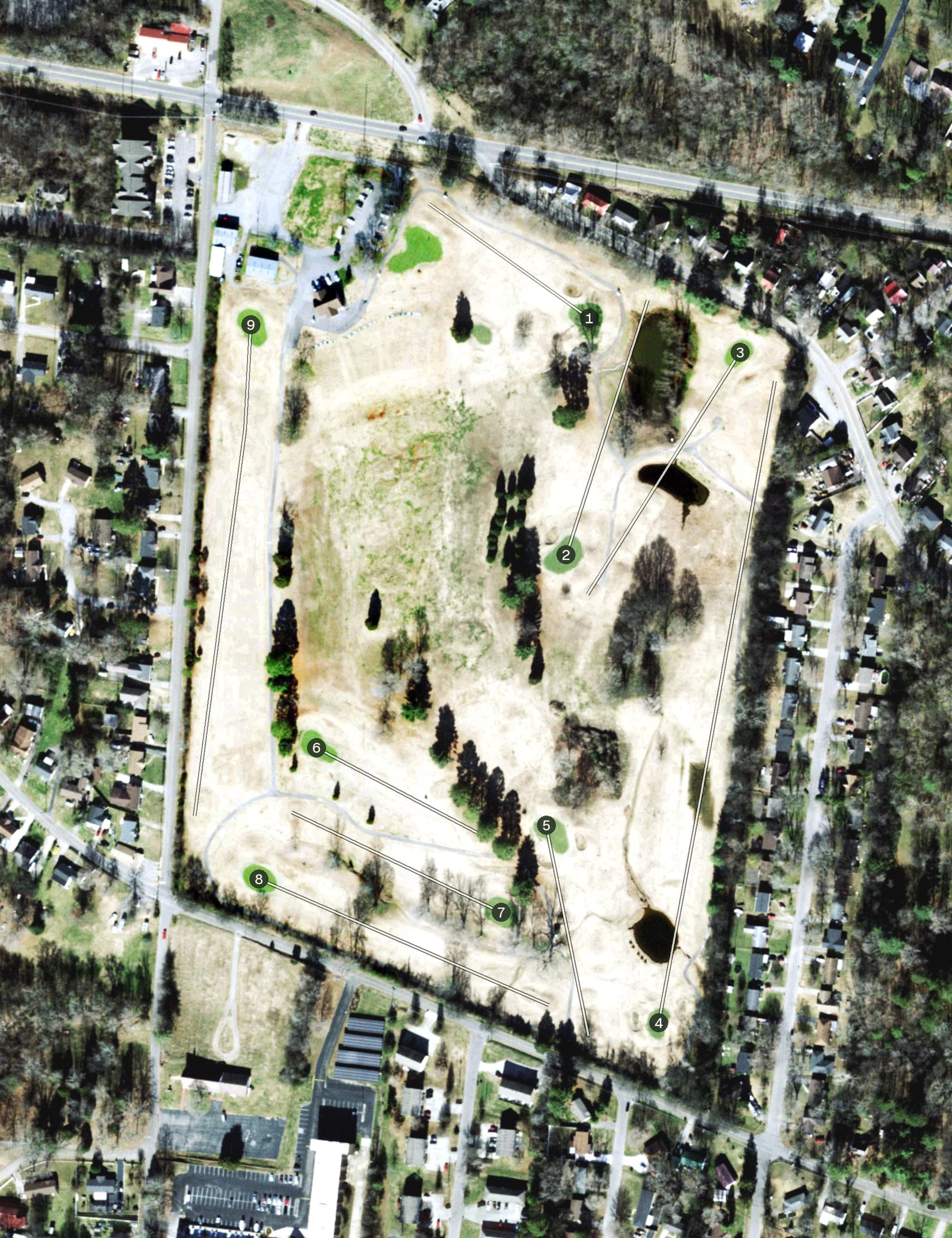 Aerial view of Mason Rudolph Golf Course, TN, with its hole routing marked
