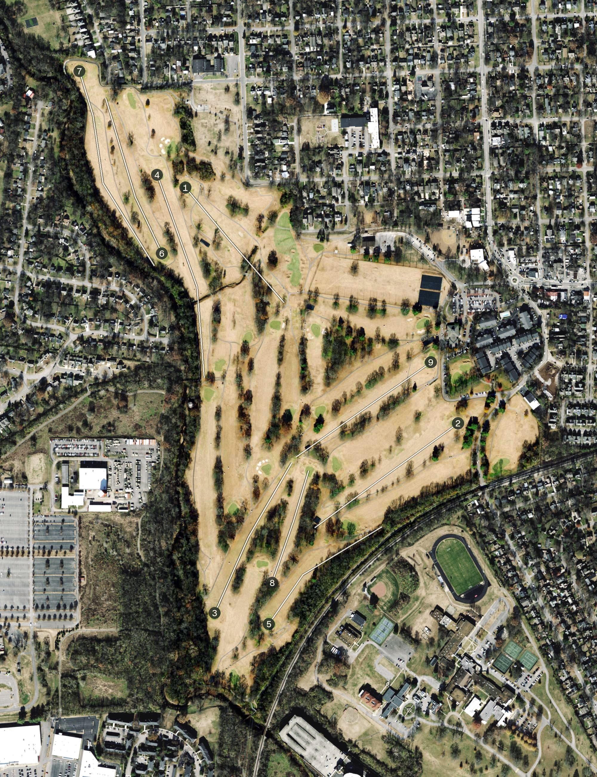 Aerial view of McCabe Golf Course, TN, with its hole routing marked