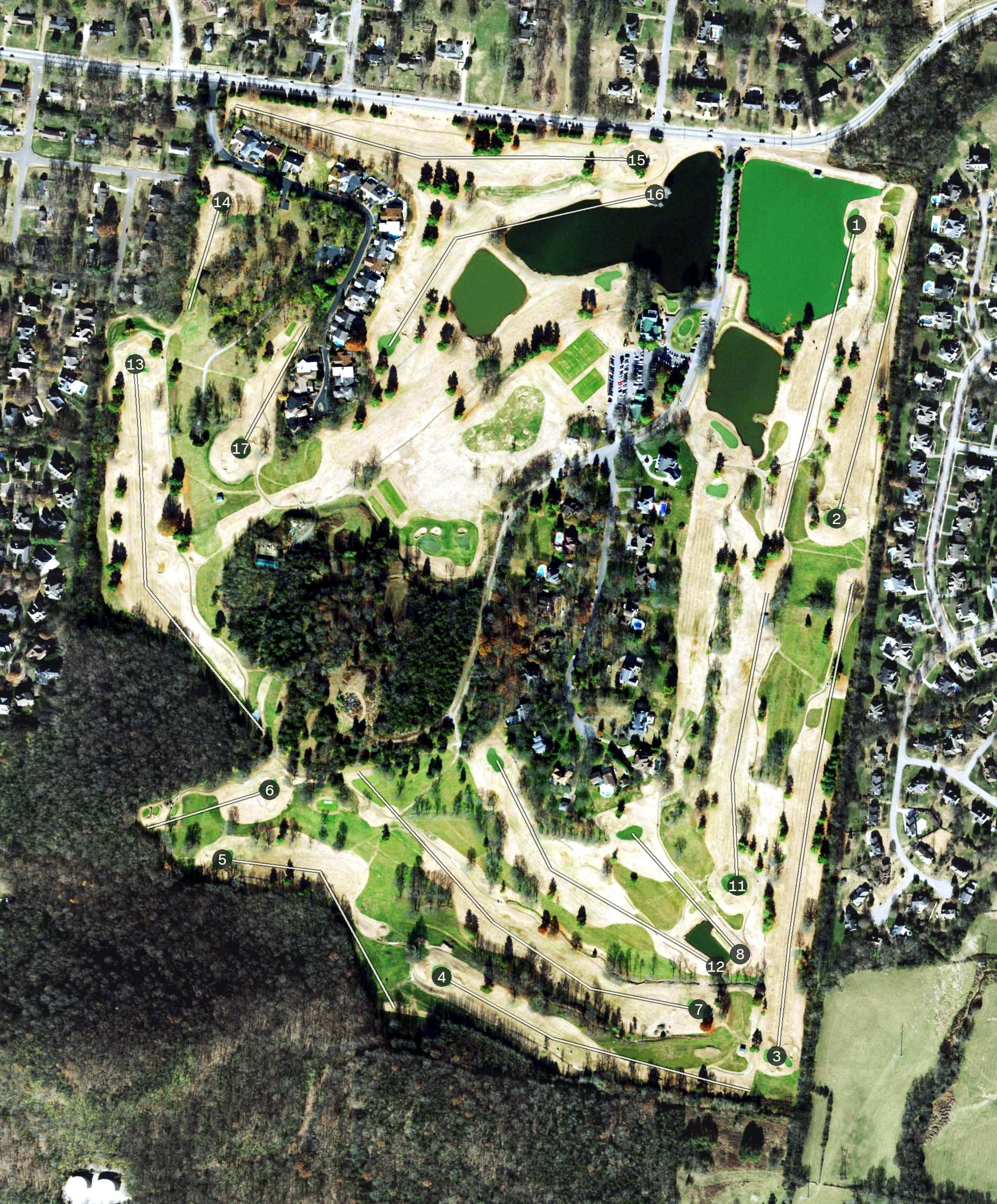 Aerial view of Nashville Golf & Athletic Club, TN, with its hole routing marked