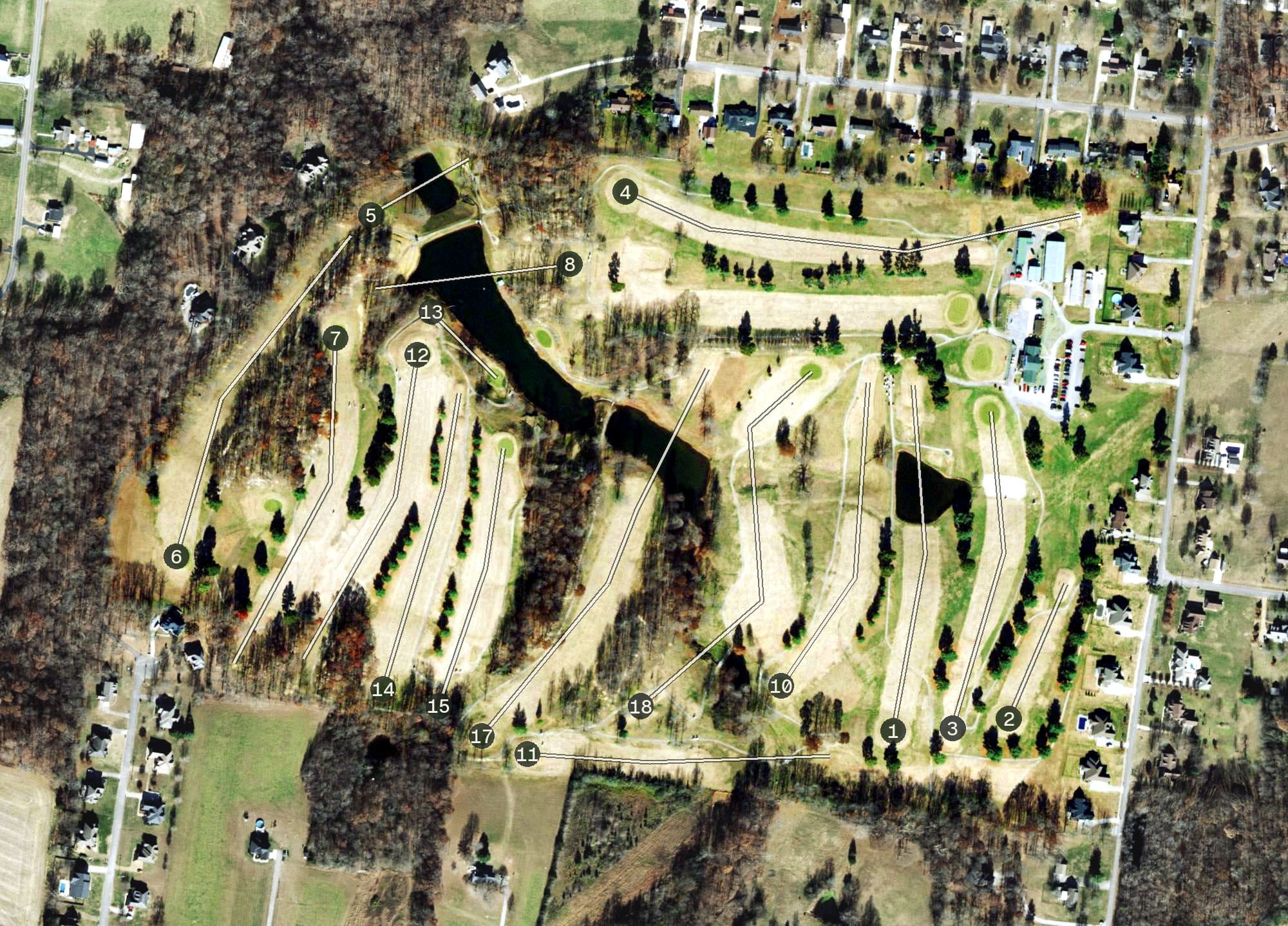 Aerial view of Oak Hills, TN, with its hole routing marked