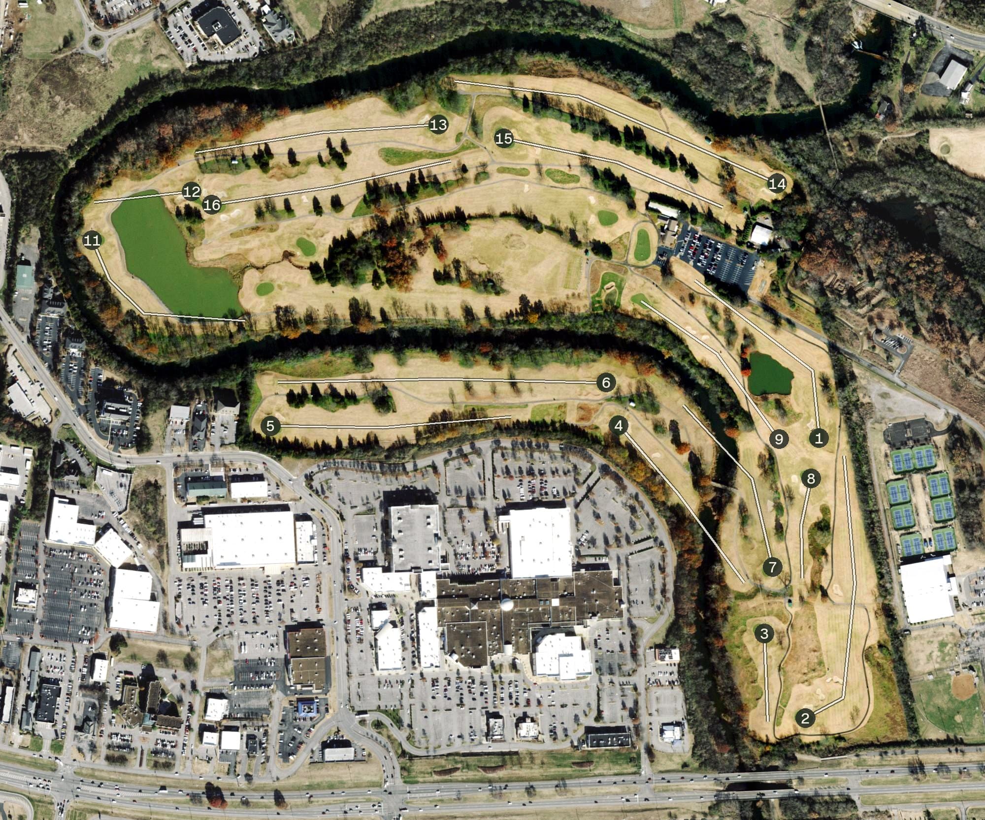 Aerial view of Old Fort Golf Course, TN, with its hole routing marked