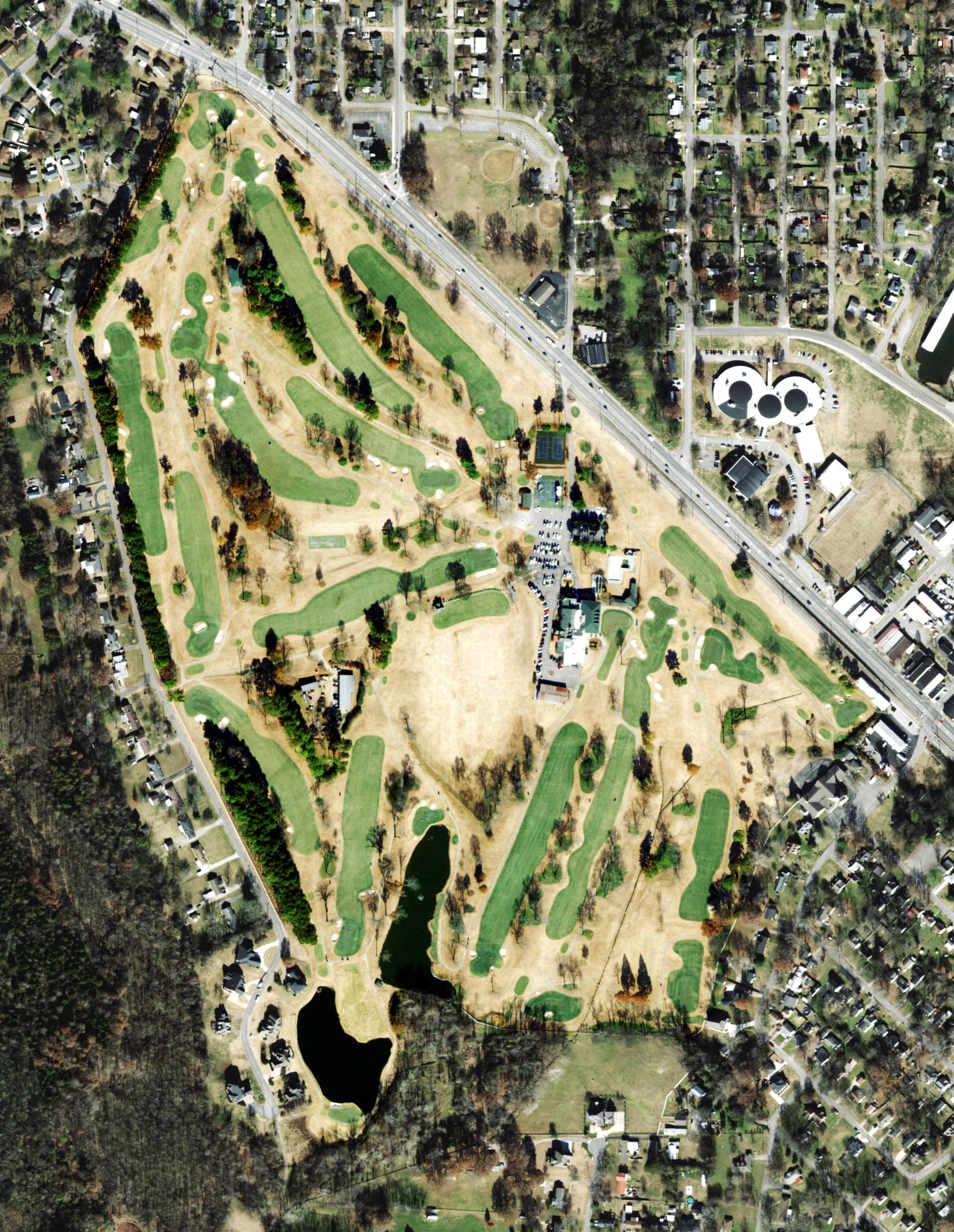 Aerial view of Old Hickory Country Club, TN, with its hole routing marked