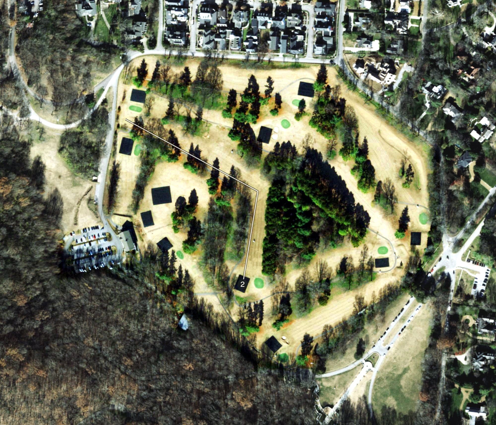 Aerial view of Percy Warner Golf Course, TN, with its hole routing marked
