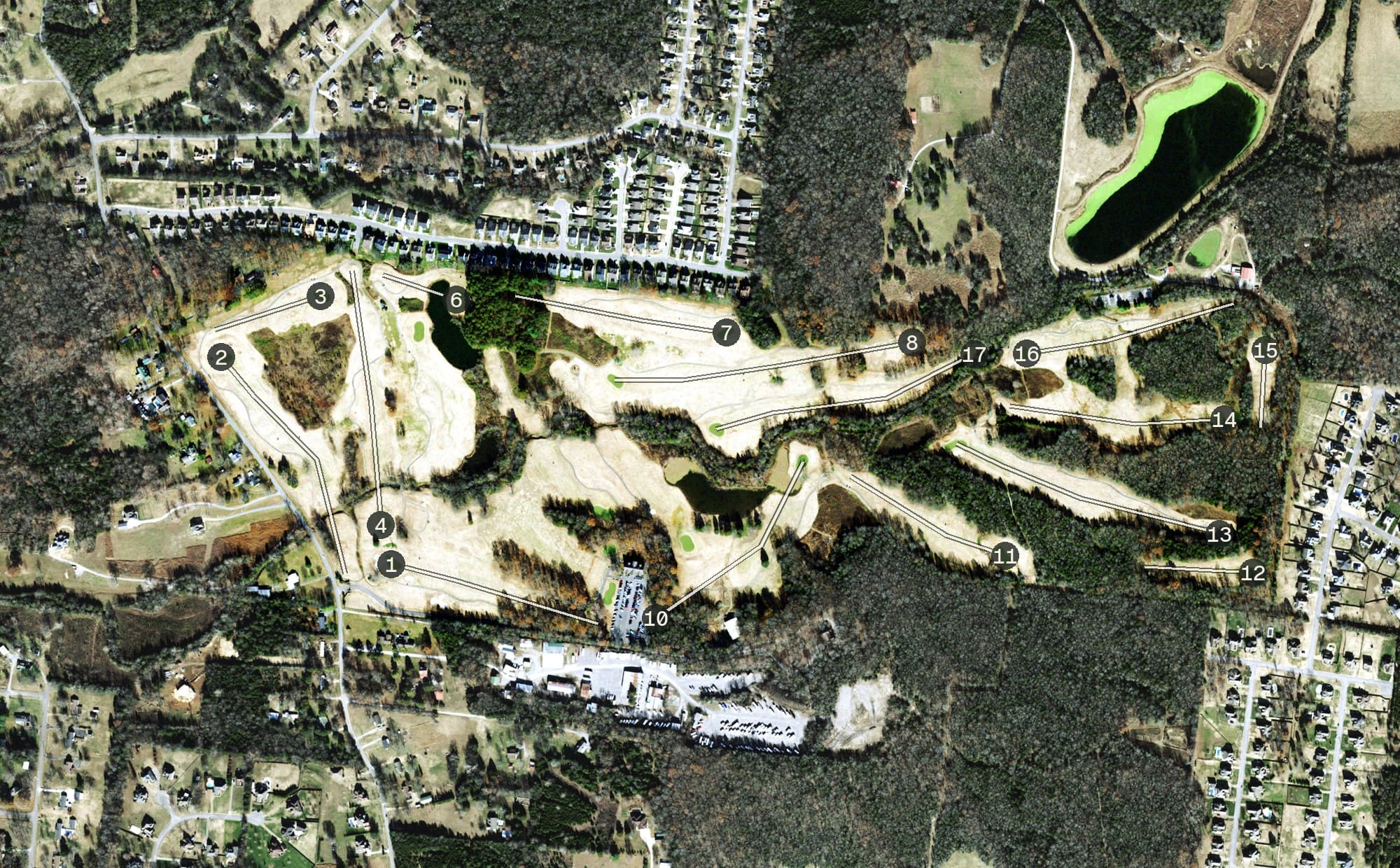Aerial view of Pine Creek Golf Club, TN, with its hole routing marked