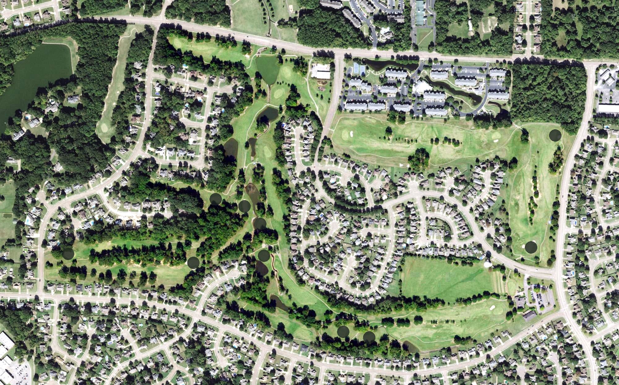 Aerial view of Quail Ridge Golf Course, TN, with its hole routing marked