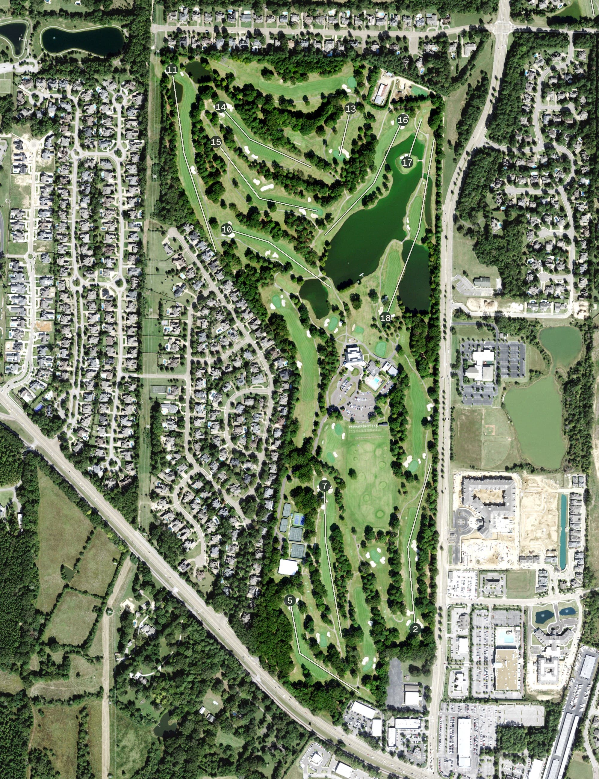 Aerial view of Ridgeway Country Club, TN, with its hole routing marked