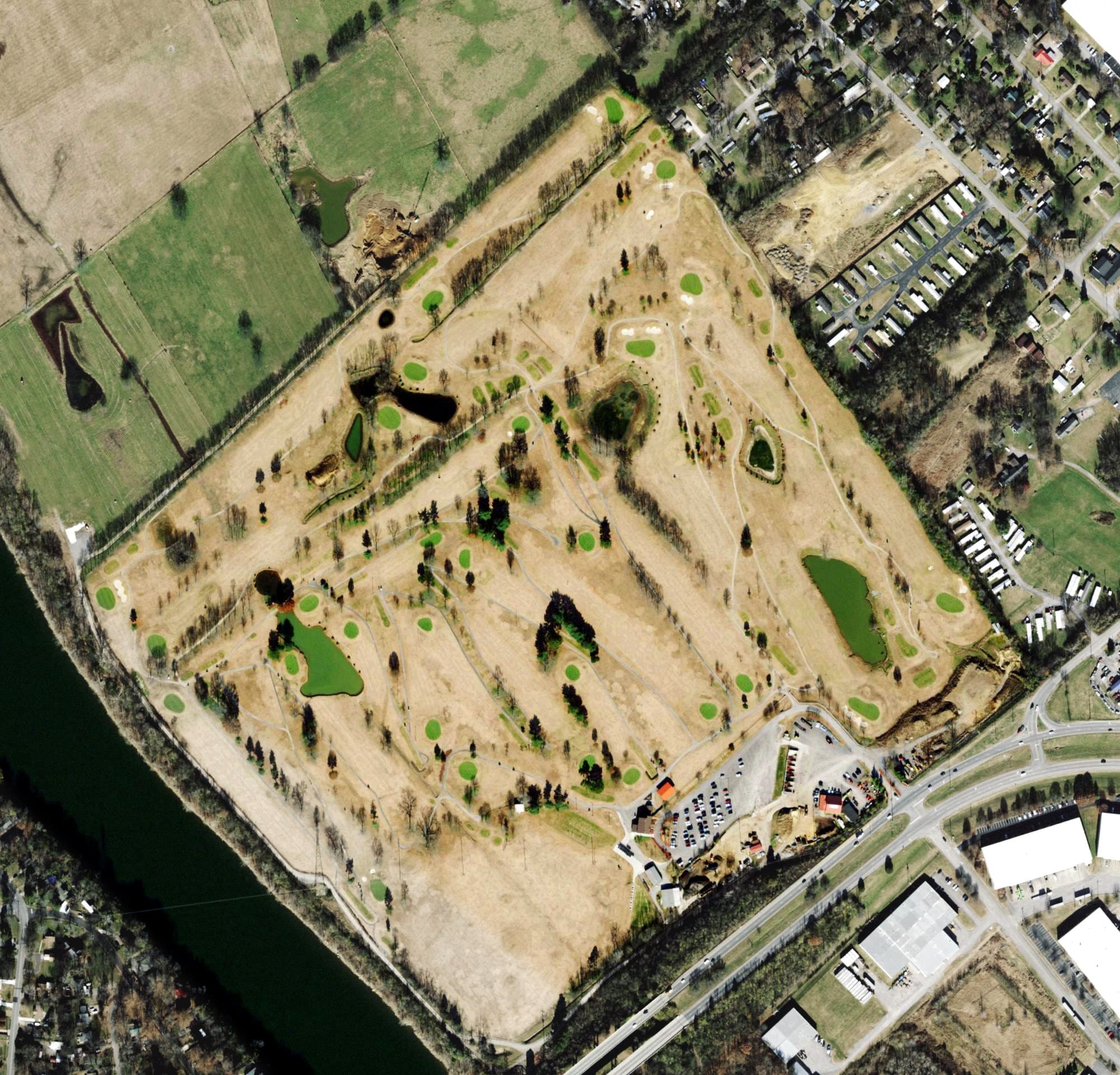 Aerial view of Riverside Golf Course, TN, with its hole routing marked