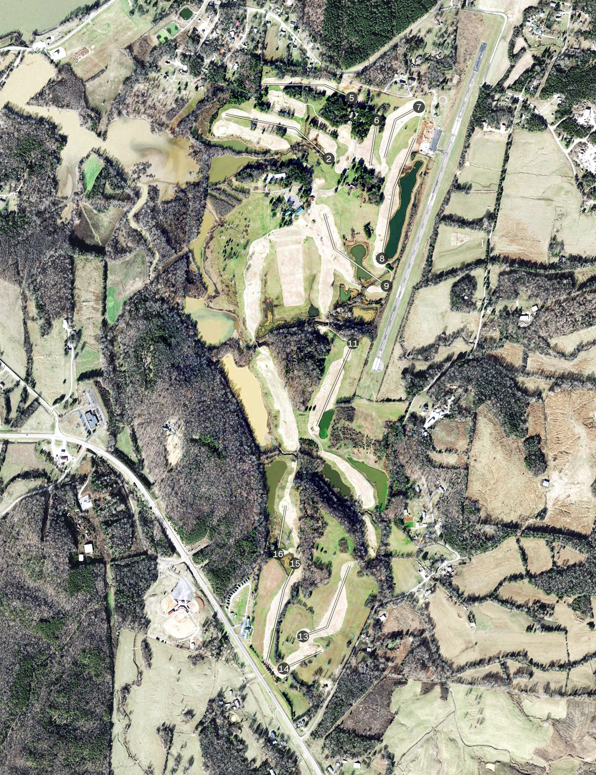 Aerial view of Ross Creek Landing Golf Course, TN, with its hole routing marked