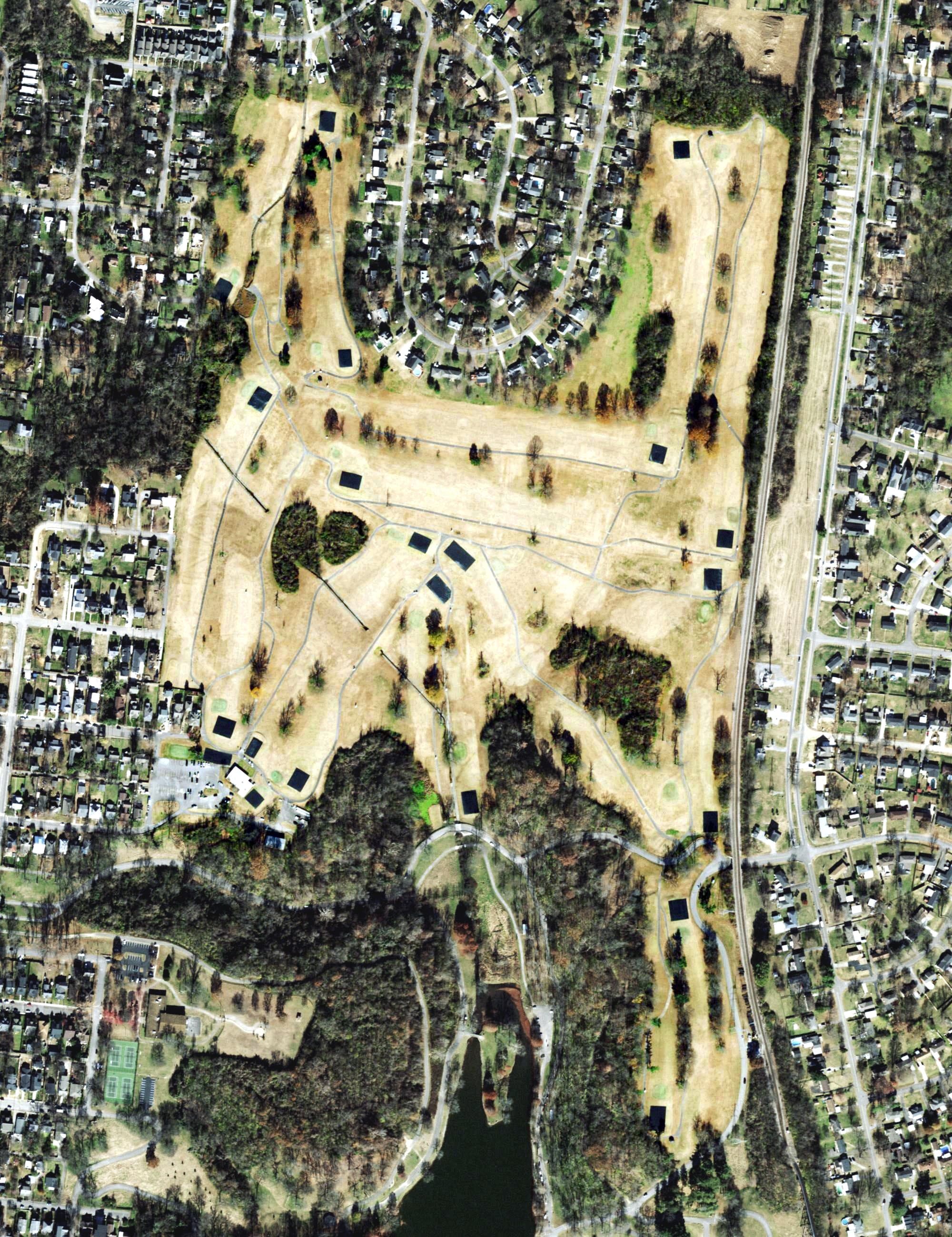 Aerial view of Shelby Golf Course, TN, with its hole routing marked