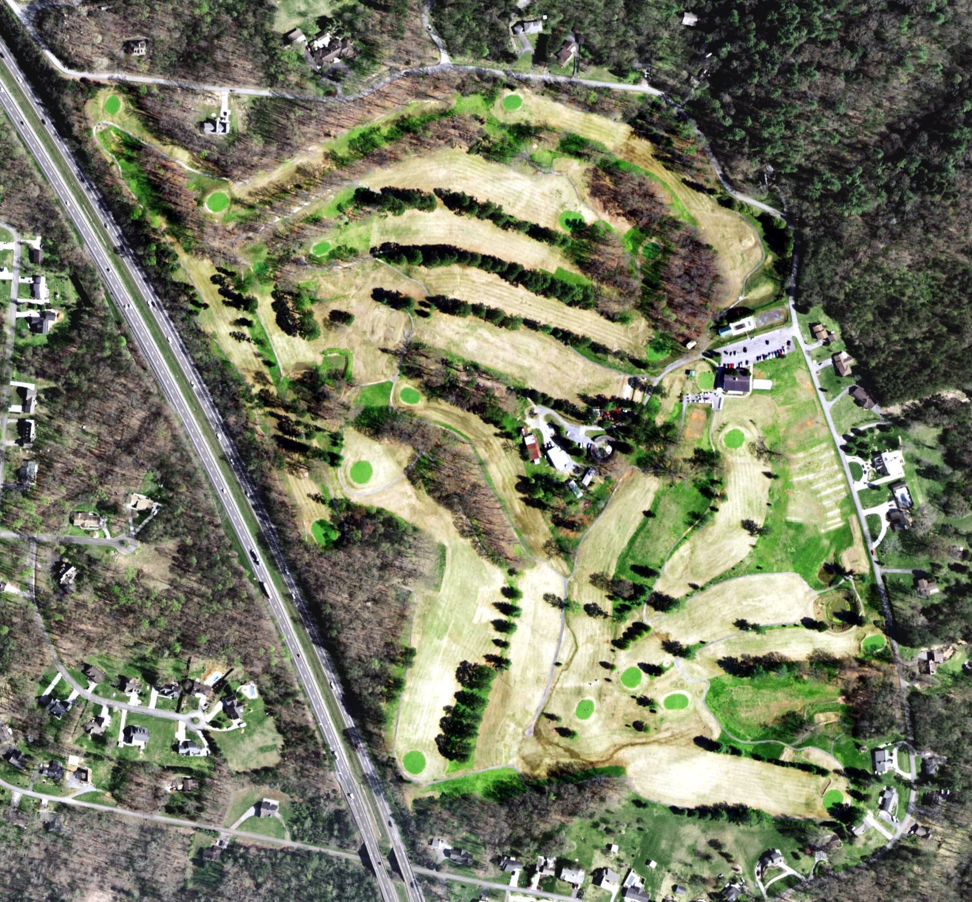 Aerial view of Smoky Mountain Golf Club, TN, with its hole routing marked