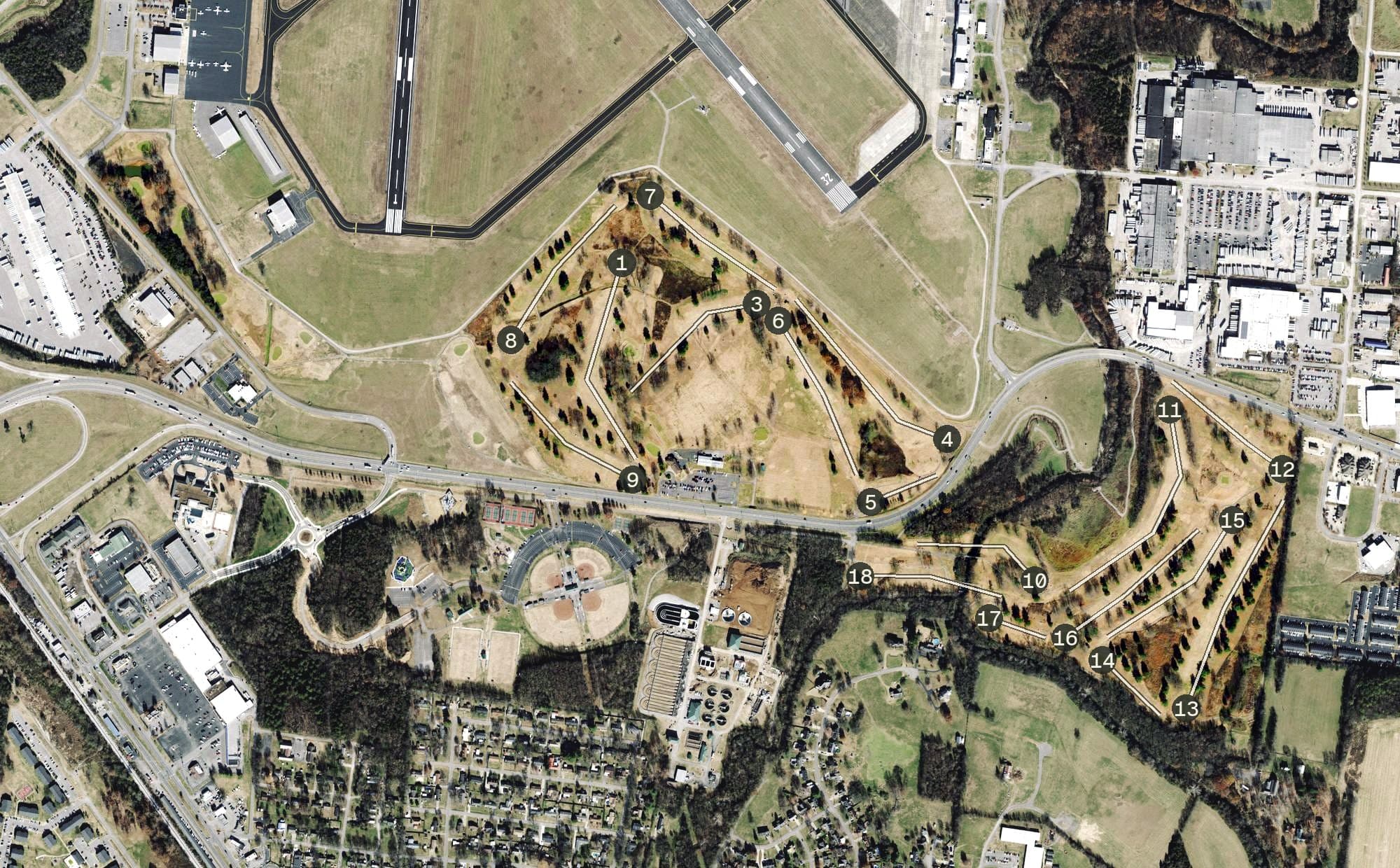 Aerial view of Smyrna Golf Course, TN, with its hole routing marked