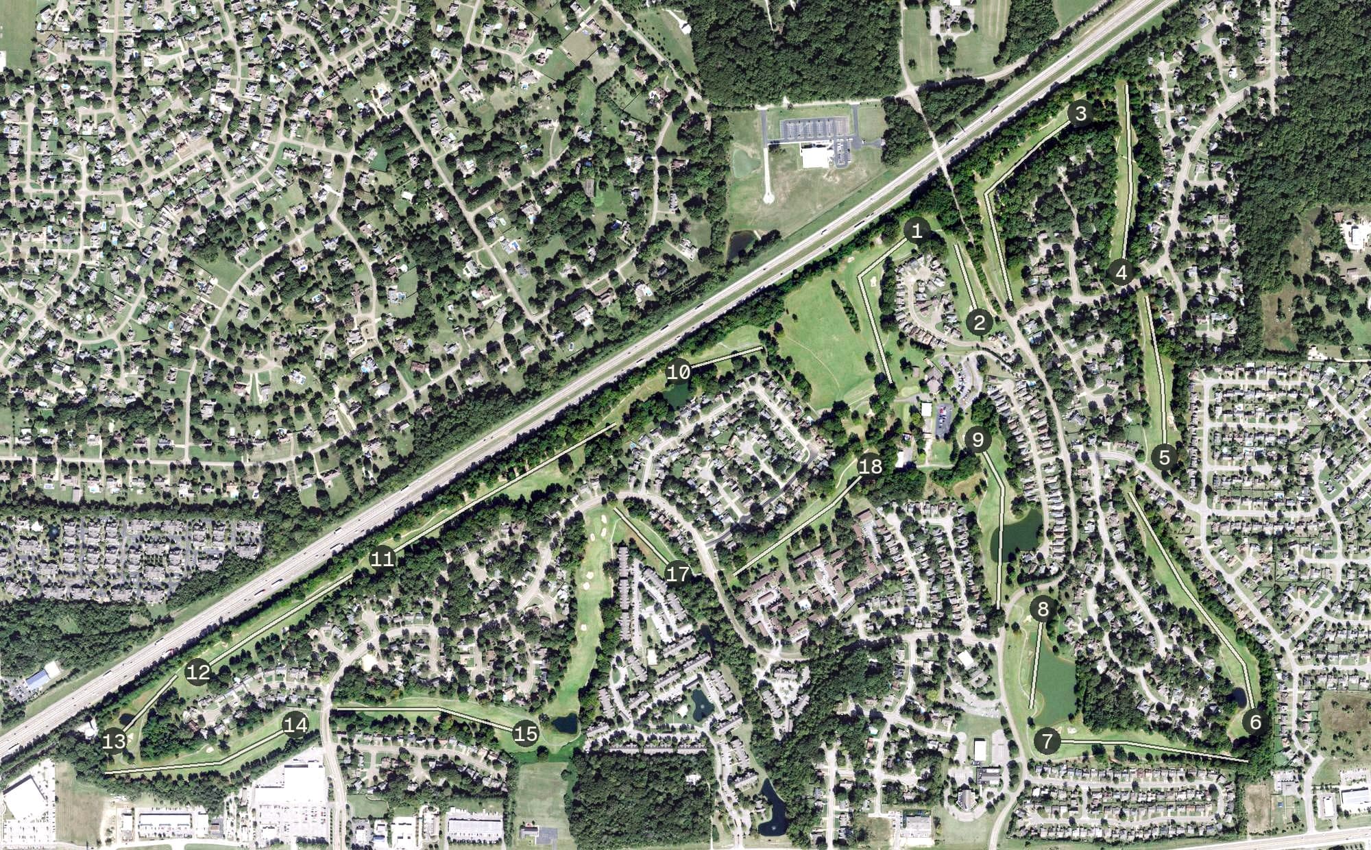 Aerial view of Stonebridge Golf Course, TN, with its hole routing marked