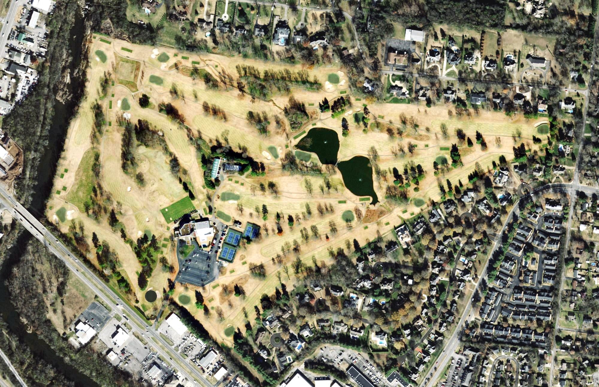 Aerial view of Stones River Country Club, TN, with its hole routing marked