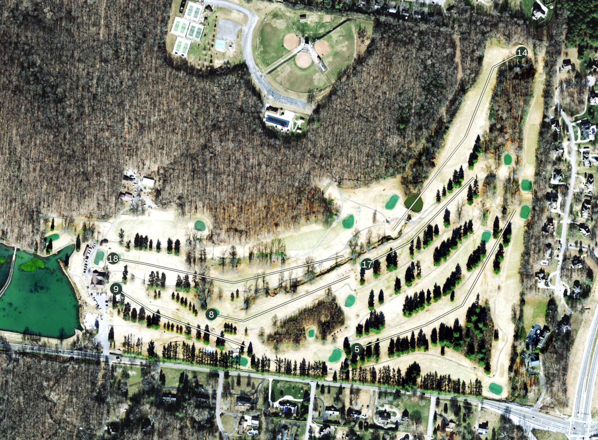 Aerial view of Swan Lake Golf Course, TN, with its hole routing marked
