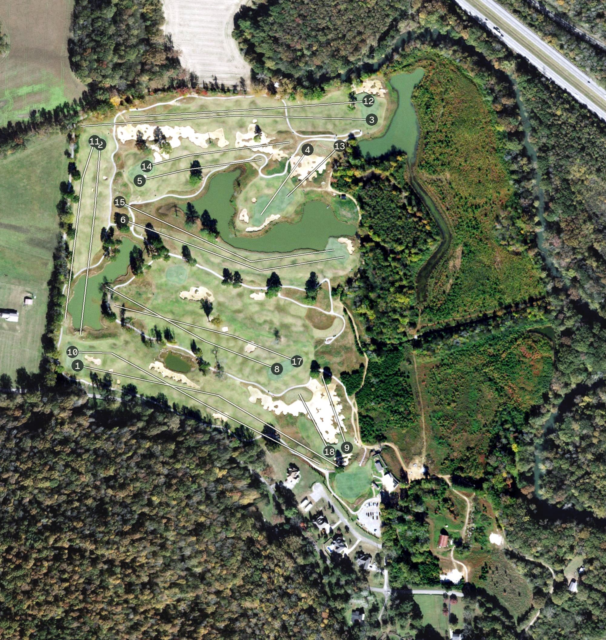 Aerial view of Sweetens Cove Golf Club, TN, with its hole routing marked