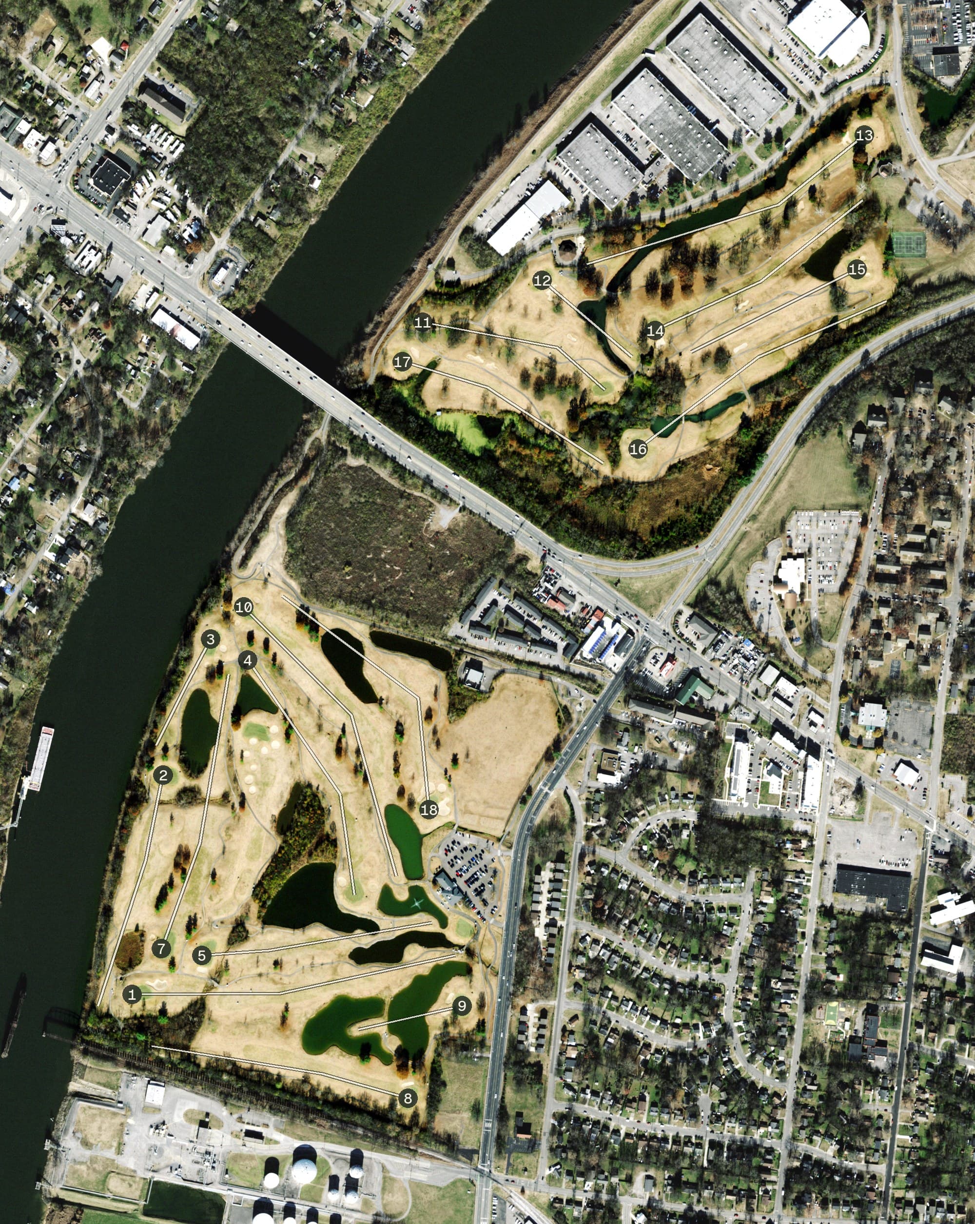 Aerial view of Ted Rhodes Golf Course, TN, with its hole routing marked