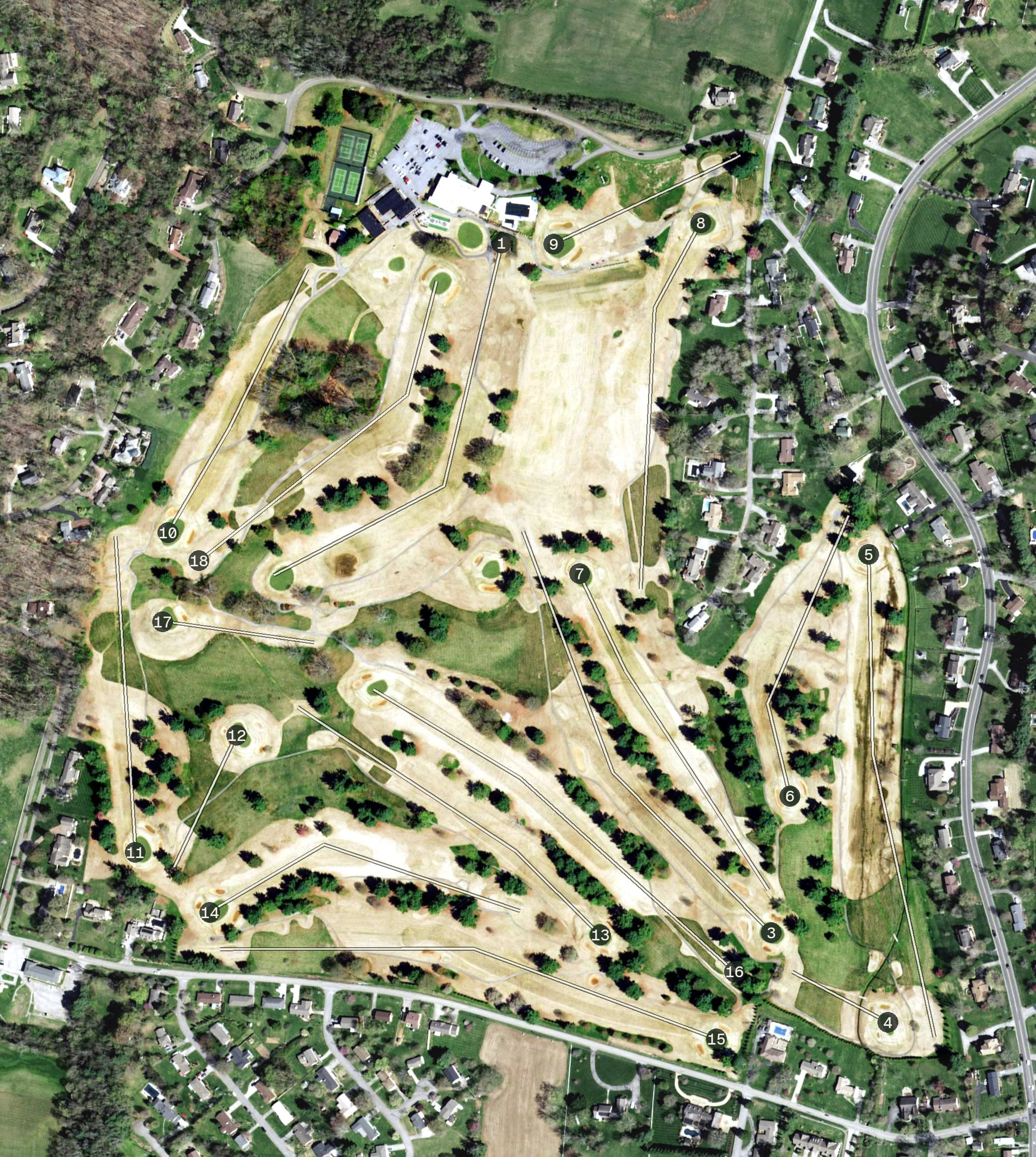 Aerial view of The Country Club, TN, with its hole routing marked