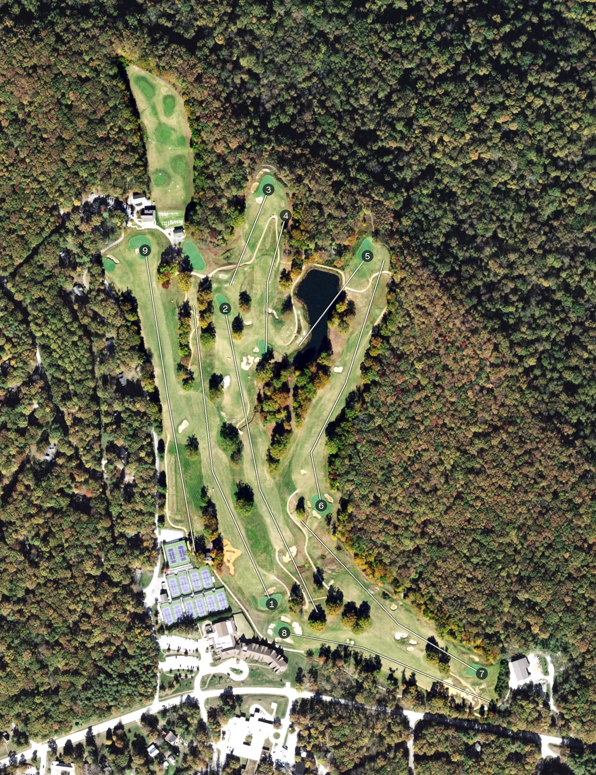 Aerial view of The Course at Sewanee, TN, with its hole routing marked