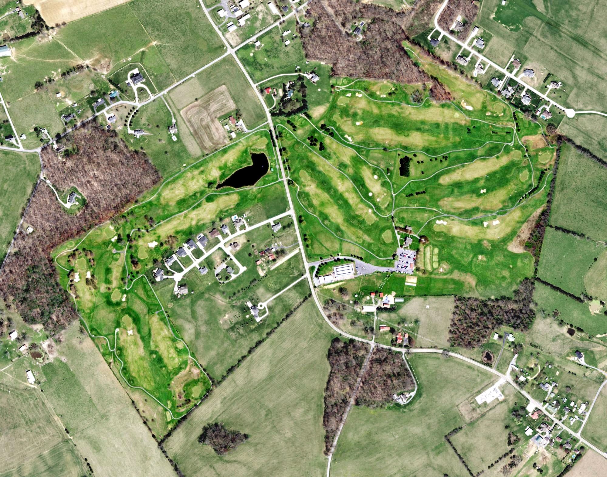 Aerial view of The Crossings Golf Club, TN, with its hole routing marked