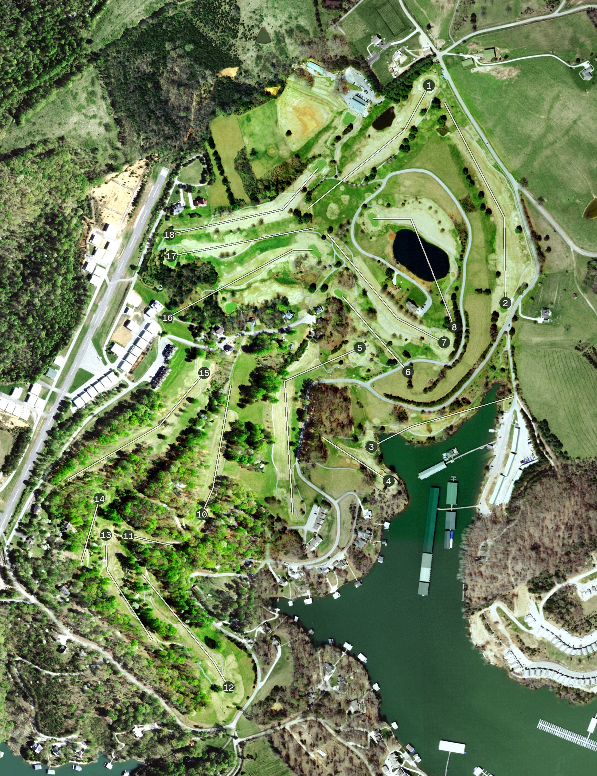 Aerial view of The Greens at Deerfield, TN, with its hole routing marked