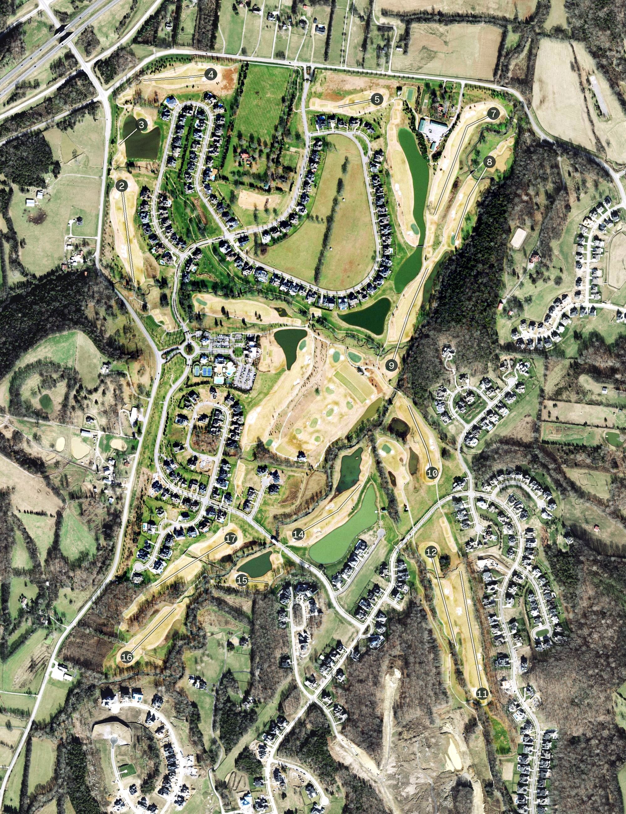 Aerial view of The Grove Greg Norman Golf Course, TN, with its hole routing marked