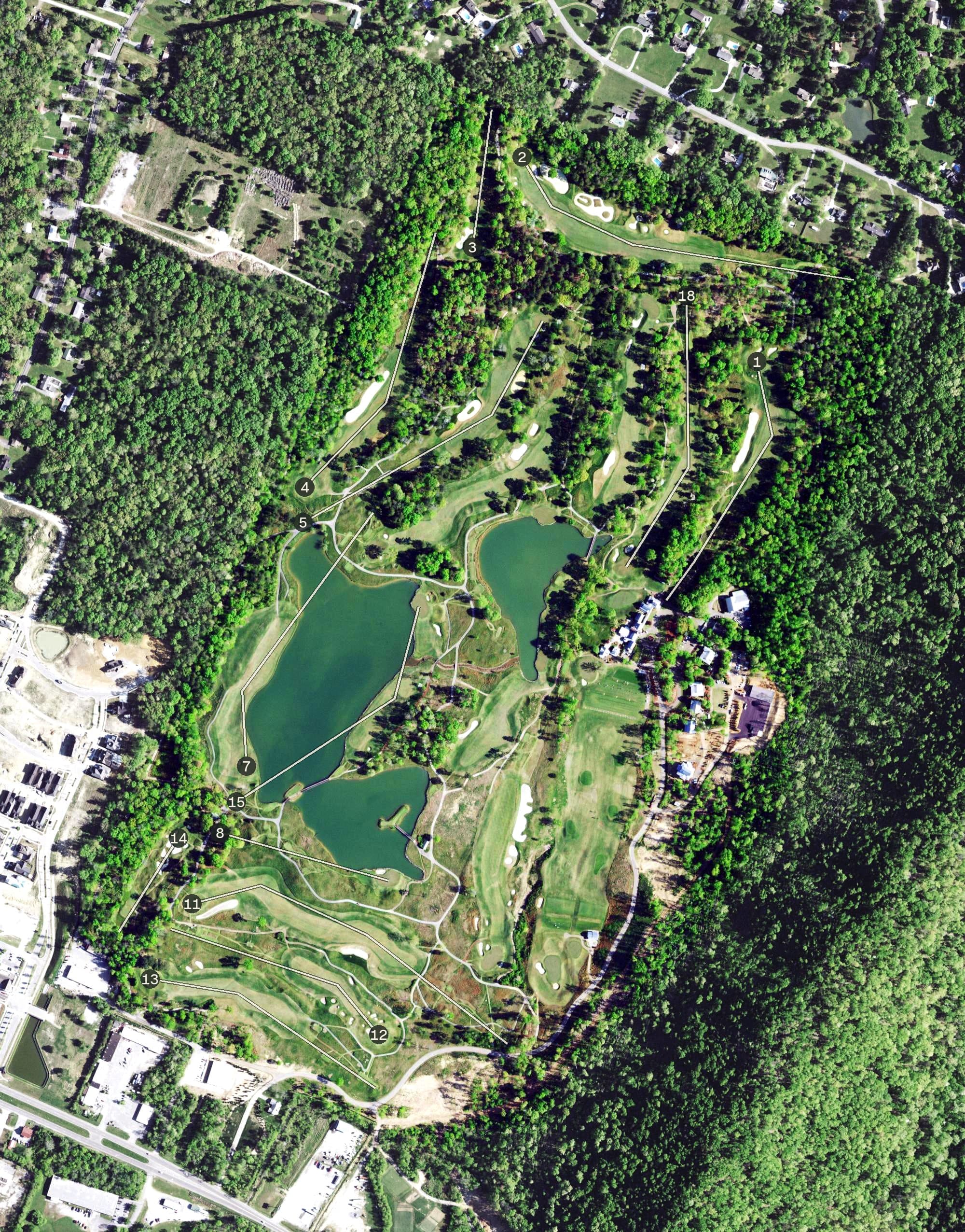 Aerial view of The Honors Course, TN, with its hole routing marked