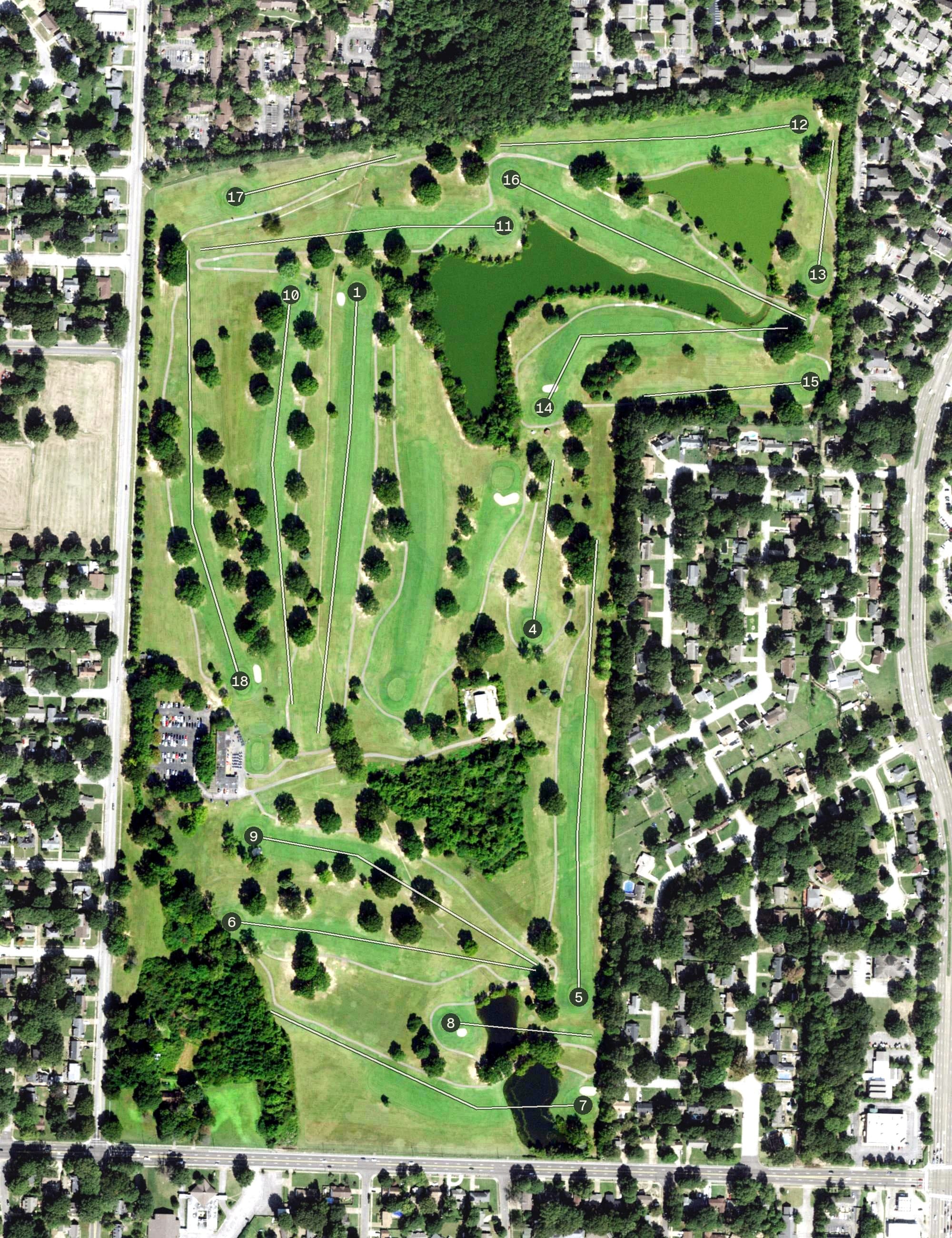 Aerial view of The Links at Fox Meadows, TN, with its hole routing marked