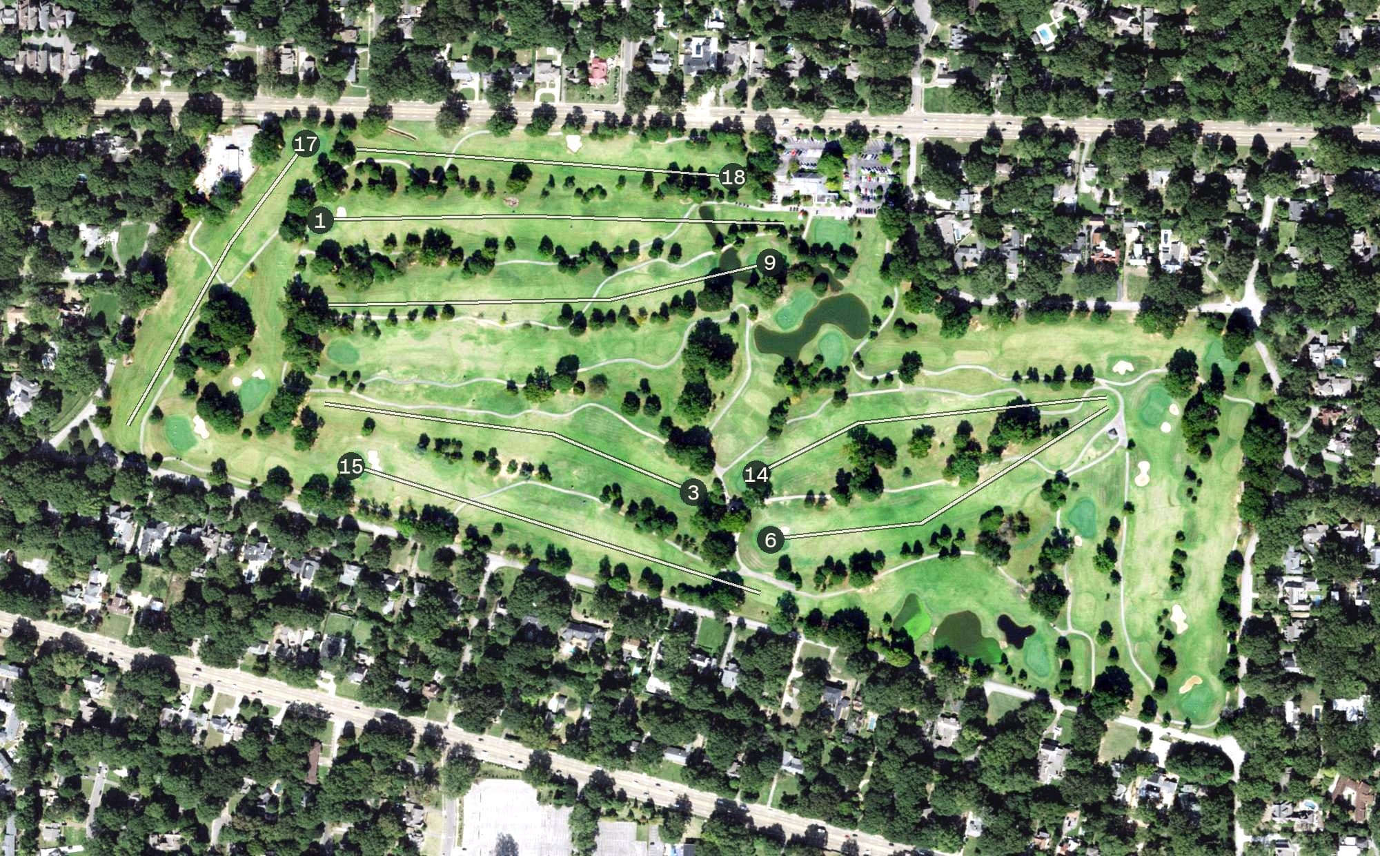 Aerial view of The Links at Galloway, TN, with its hole routing marked