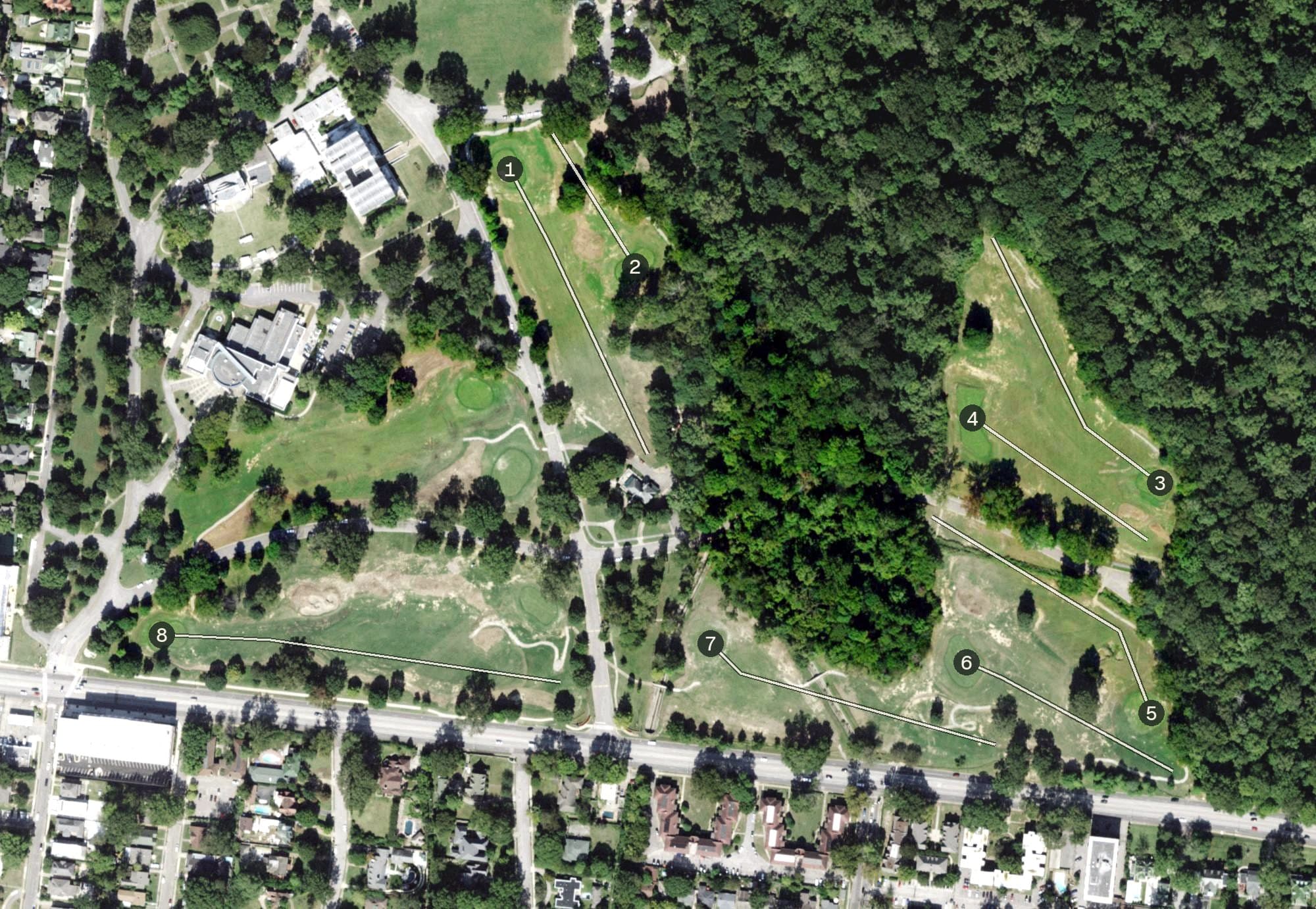 Aerial view of The Links at Overton Park, TN, with its hole routing marked