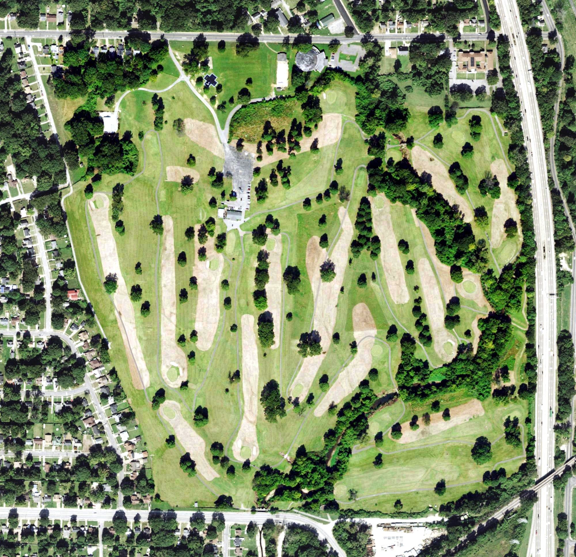 Aerial view of The Links at Pine Hill Golf Course, TN, with its hole routing marked