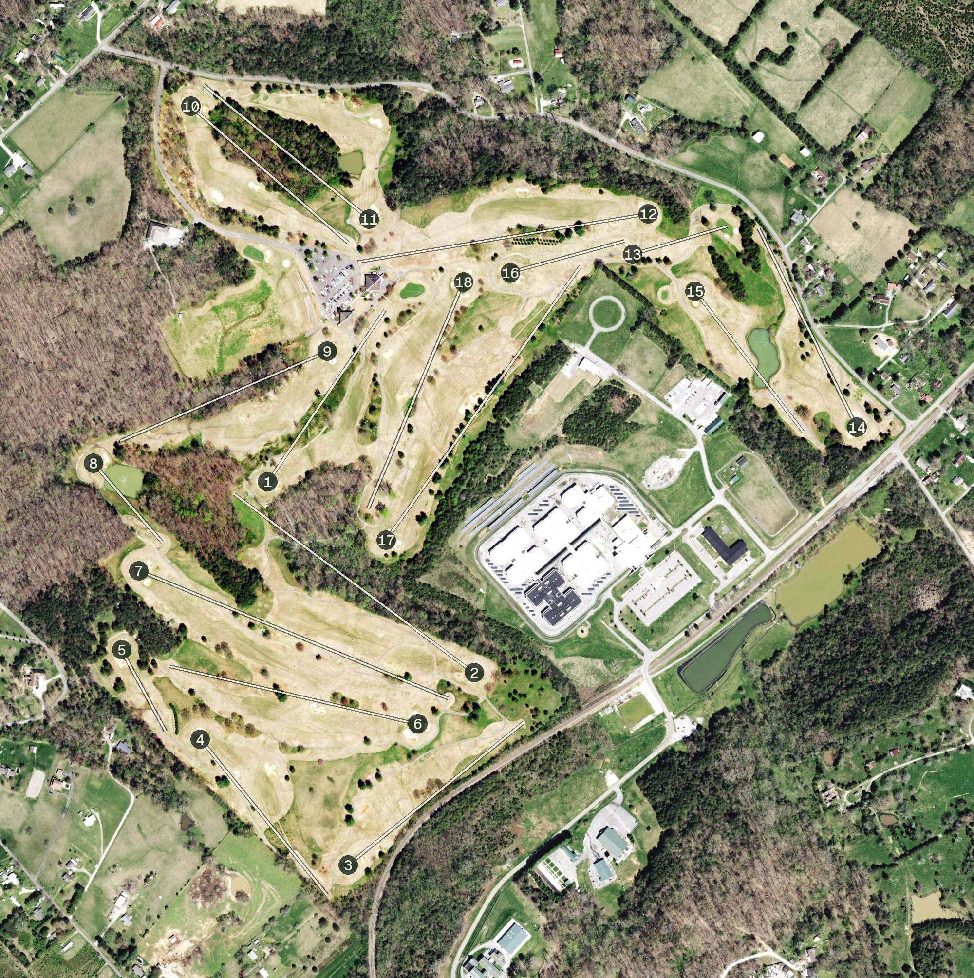 Aerial view of Three Ridges Golf Course, TN, with its hole routing marked