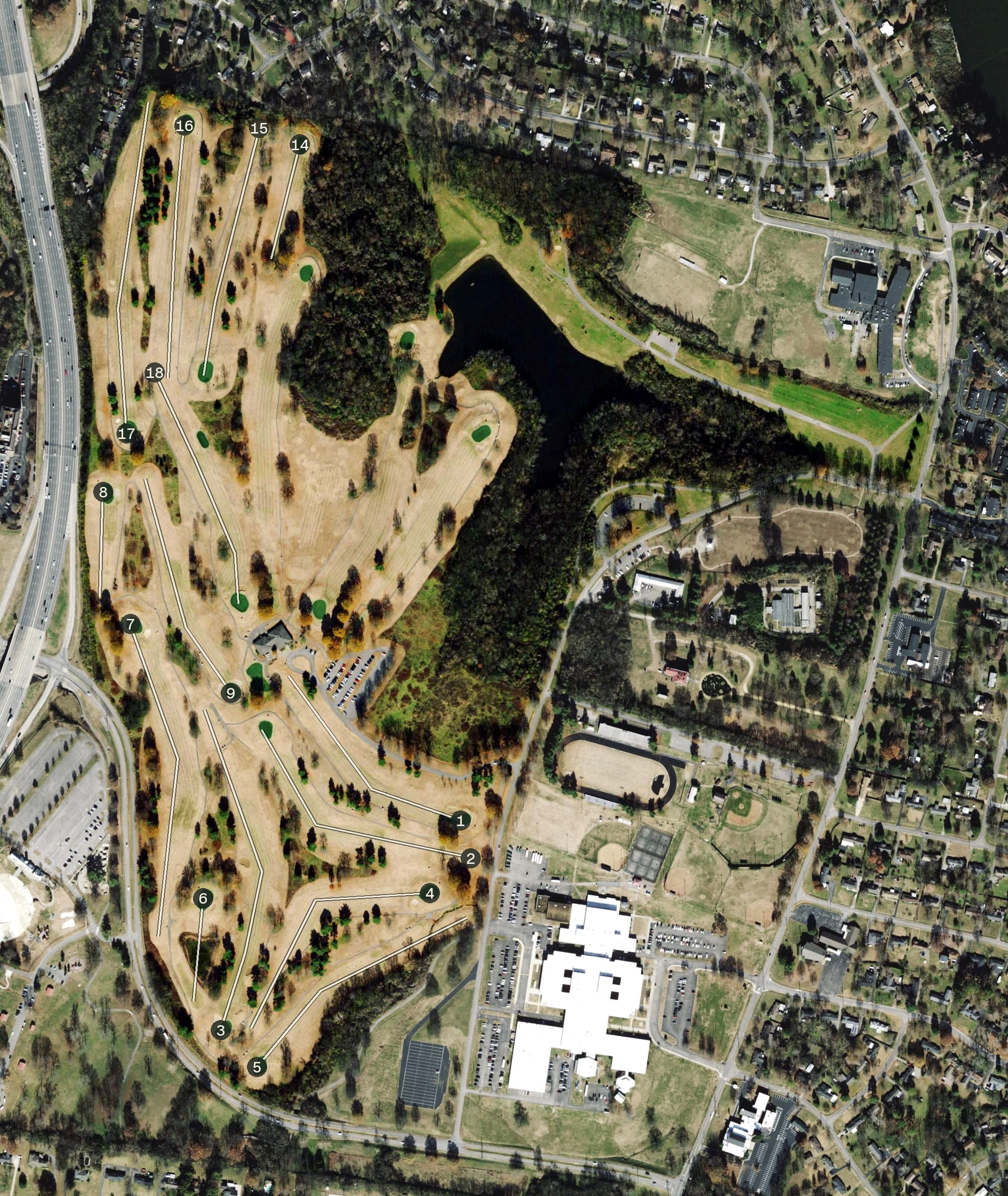 Aerial view of Two Rivers Golf Course, TN, with its hole routing marked
