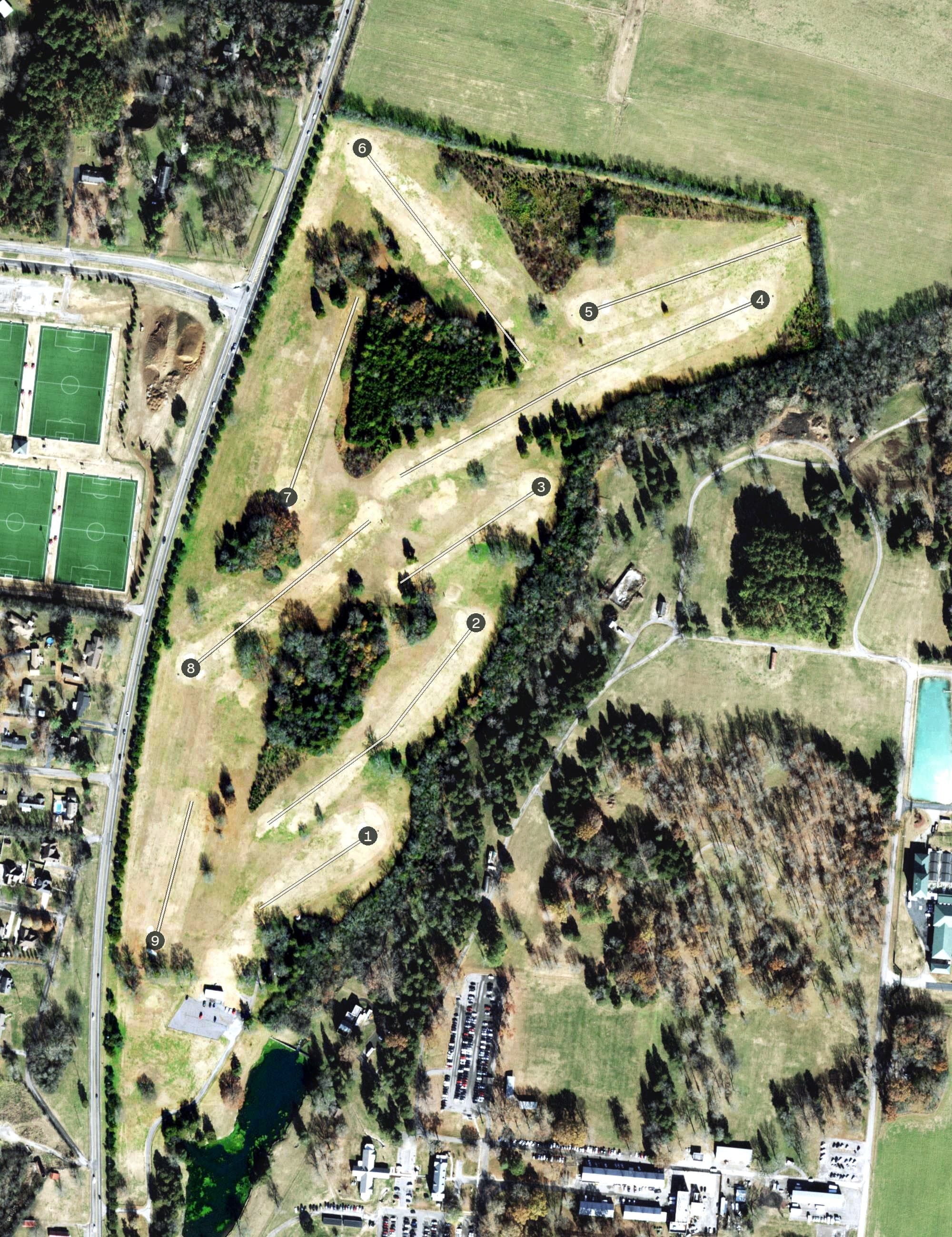 Aerial view of VA Golf Course, TN, with its hole routing marked