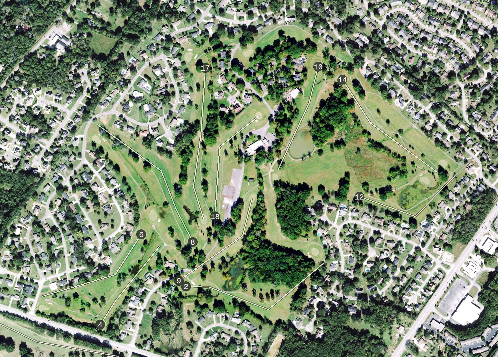 Aerial view of Valleybrook Golf and Country Club, TN, with its hole routing marked