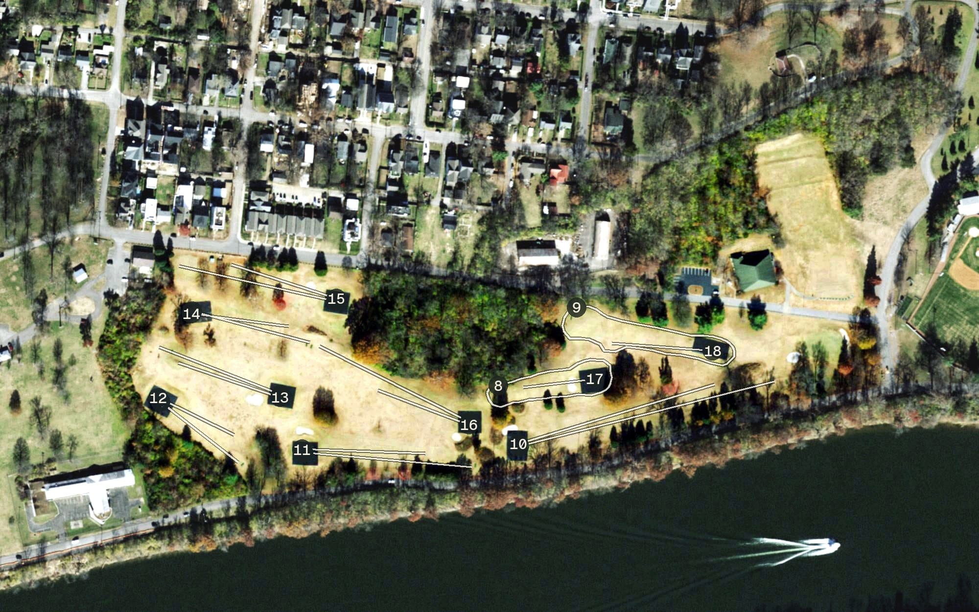 Aerial view of Vinny Links Golf Course, TN, with its hole routing marked