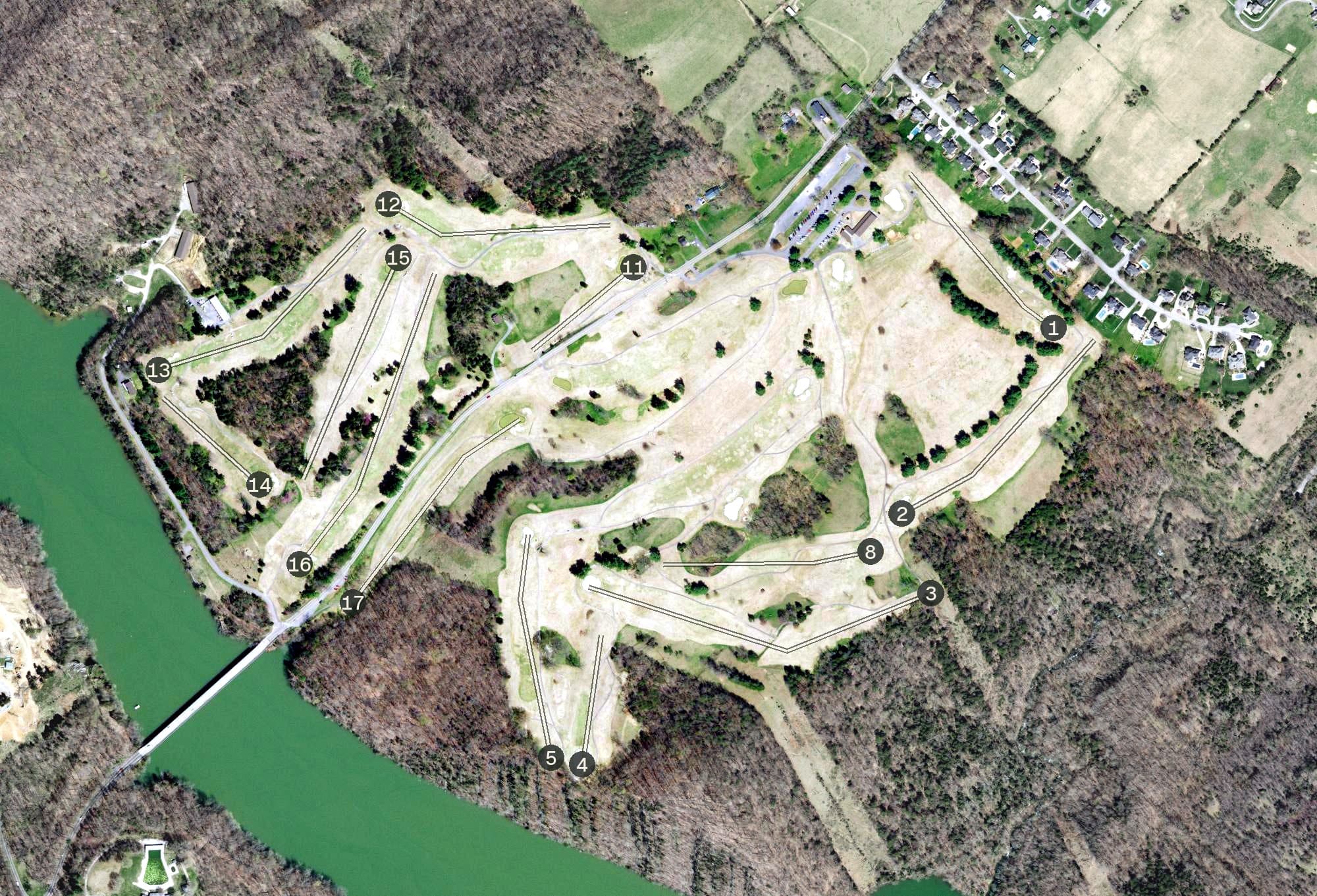 Aerial view of Warrior's Path State Park Golf Course, TN, with its hole routing marked