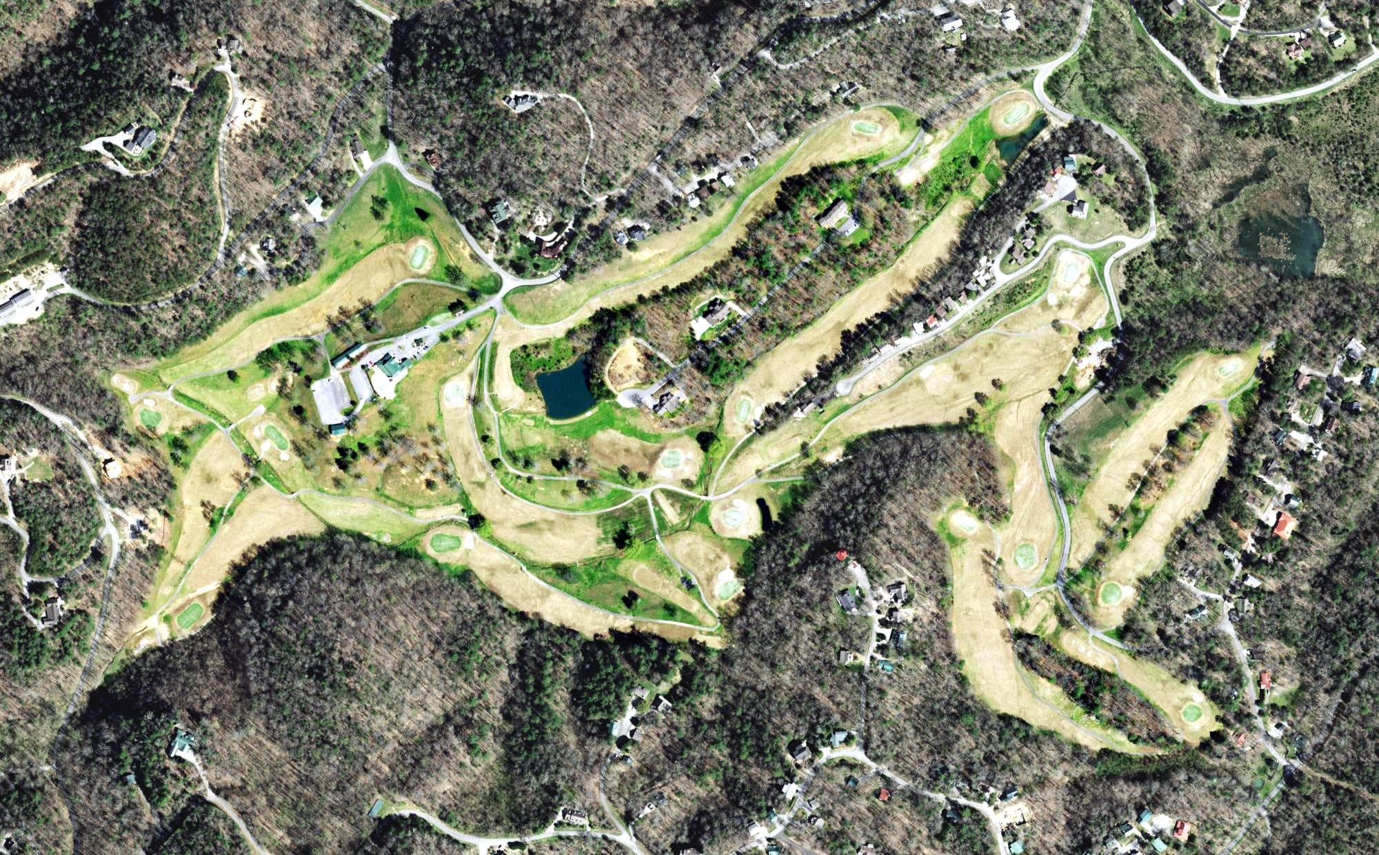 Aerial view of Wild Laurel Golf Course, TN, with its hole routing marked