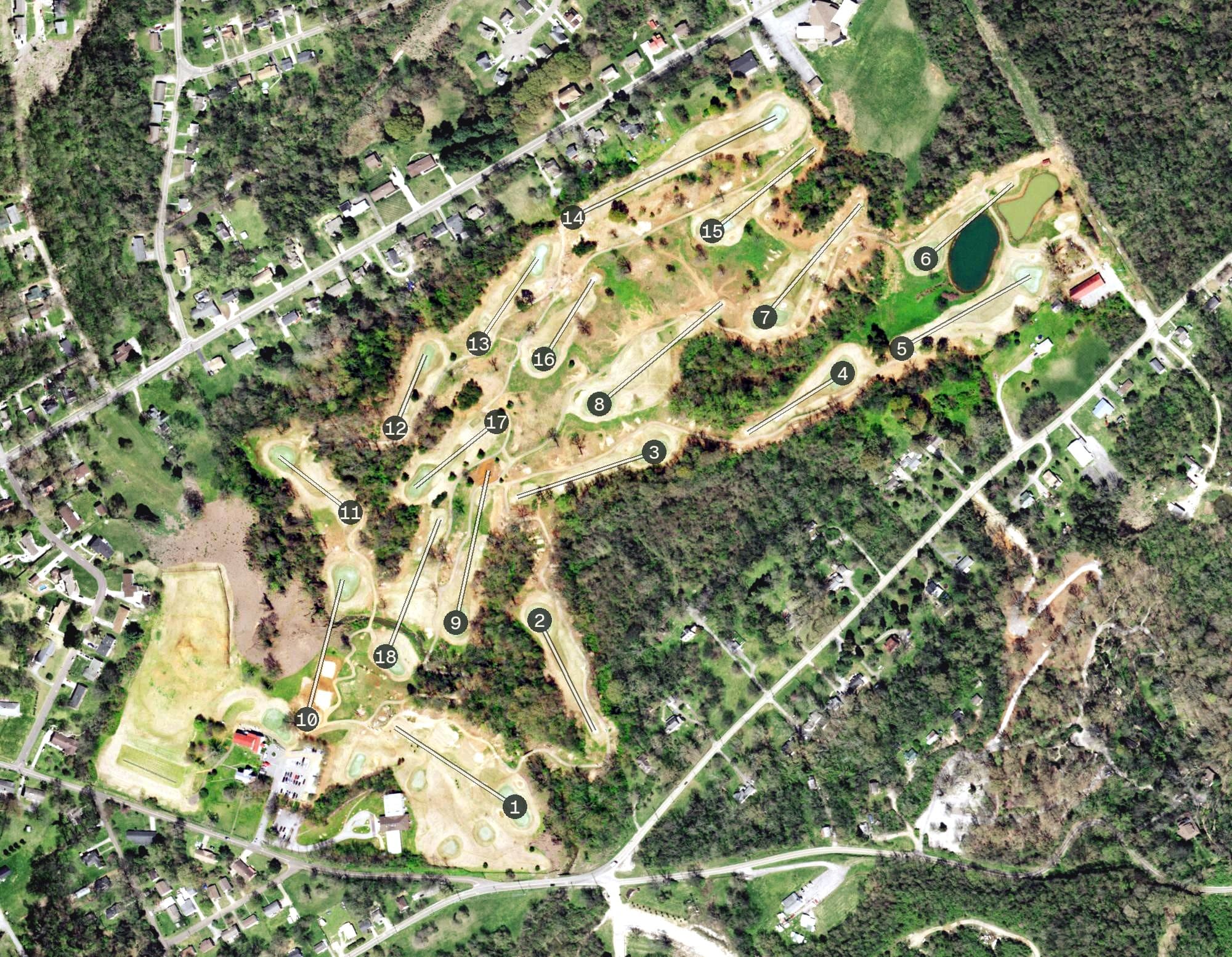 Aerial view of Williams Creek Golf Course, TN, with its hole routing marked