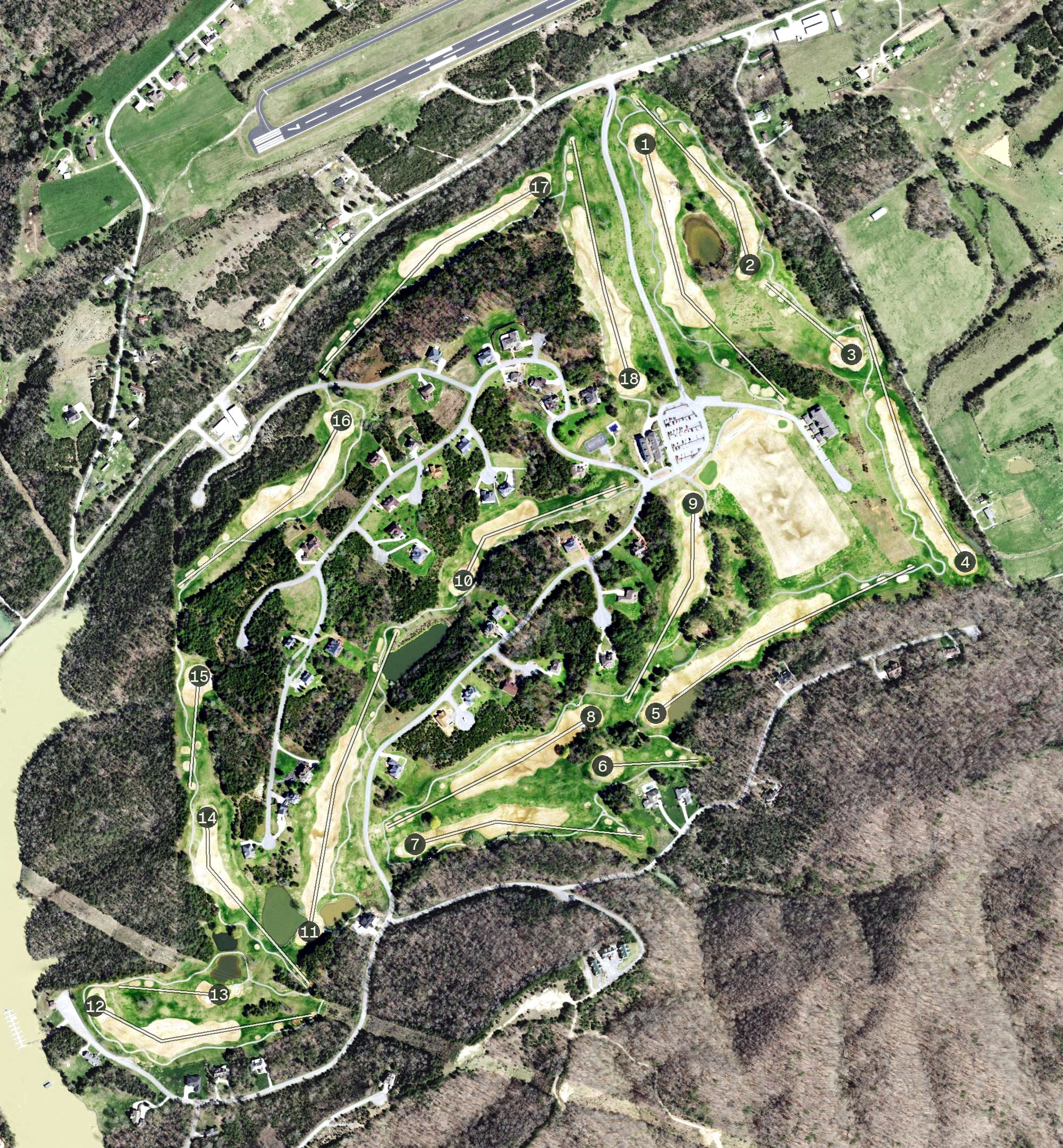 Aerial view of Woodlake Lodge, Golf, and Country Club, TN, with its hole routing marked