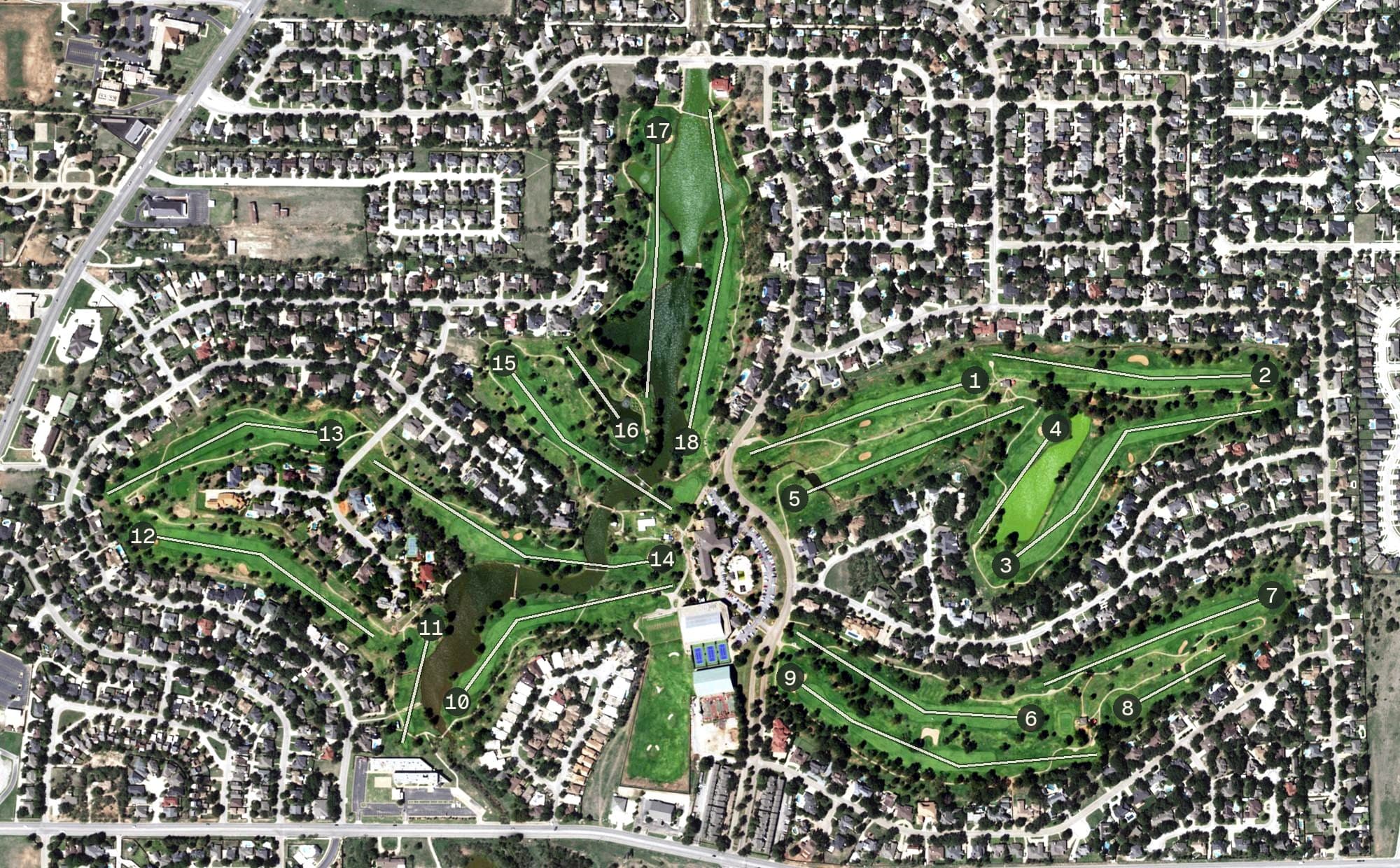 Aerial view of Abilene Country Club South Course (Fairway), TX, with its hole routing marked