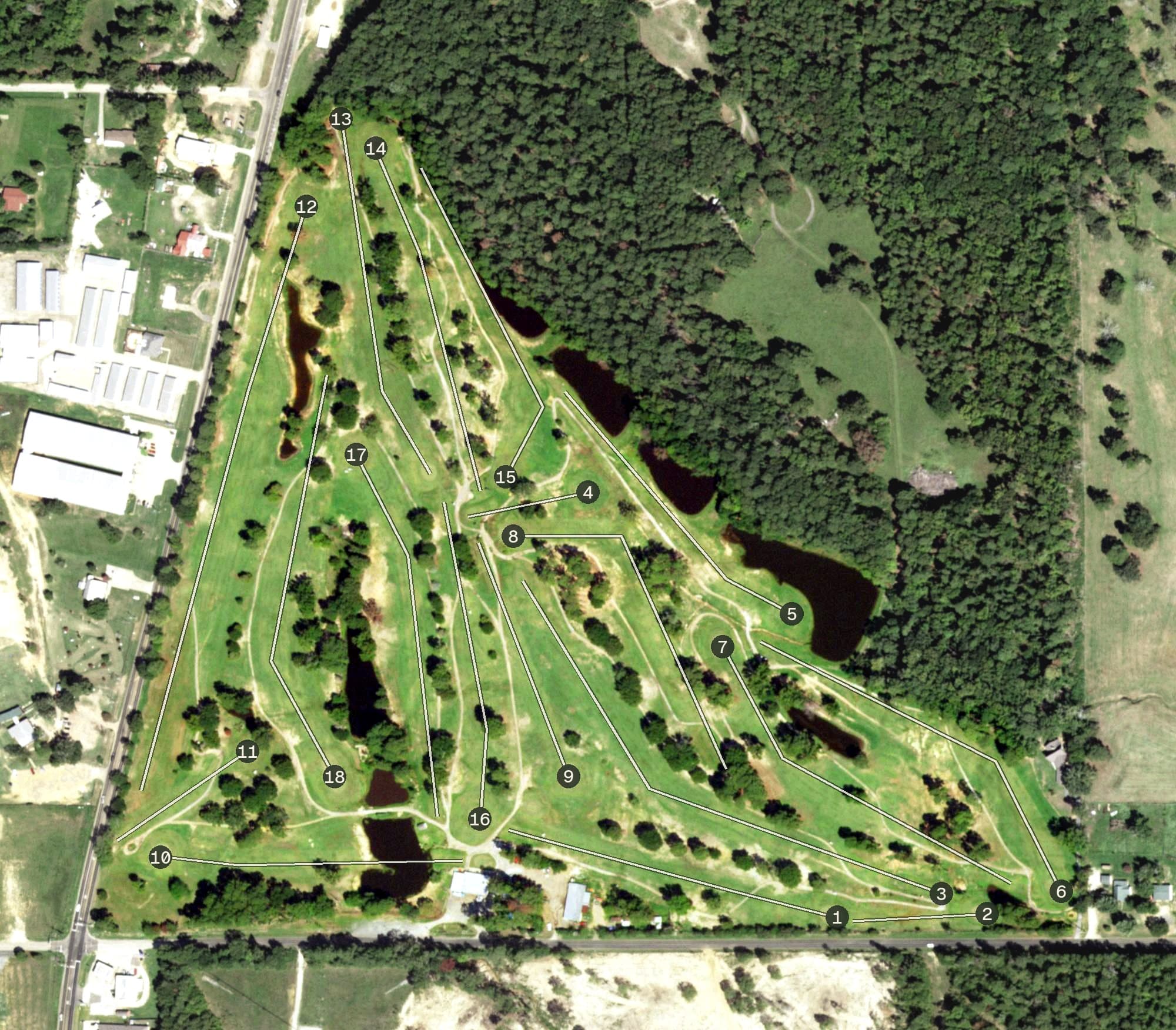 Aerial view of Alpine Golf Course, TX, with its hole routing marked